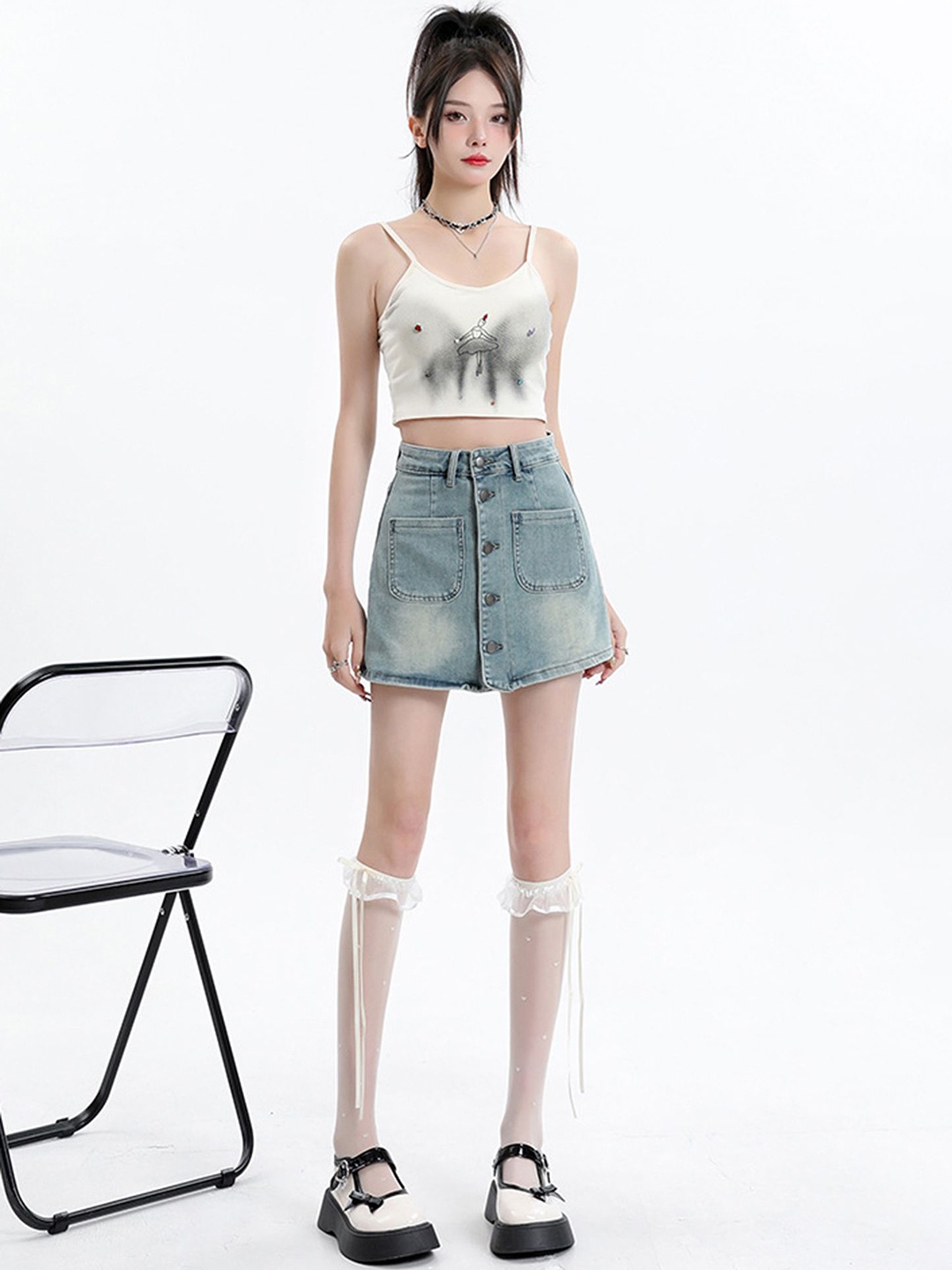 

LULU & SKY Women Washed Loose Fit High-Rise Denim Shorts, Blue