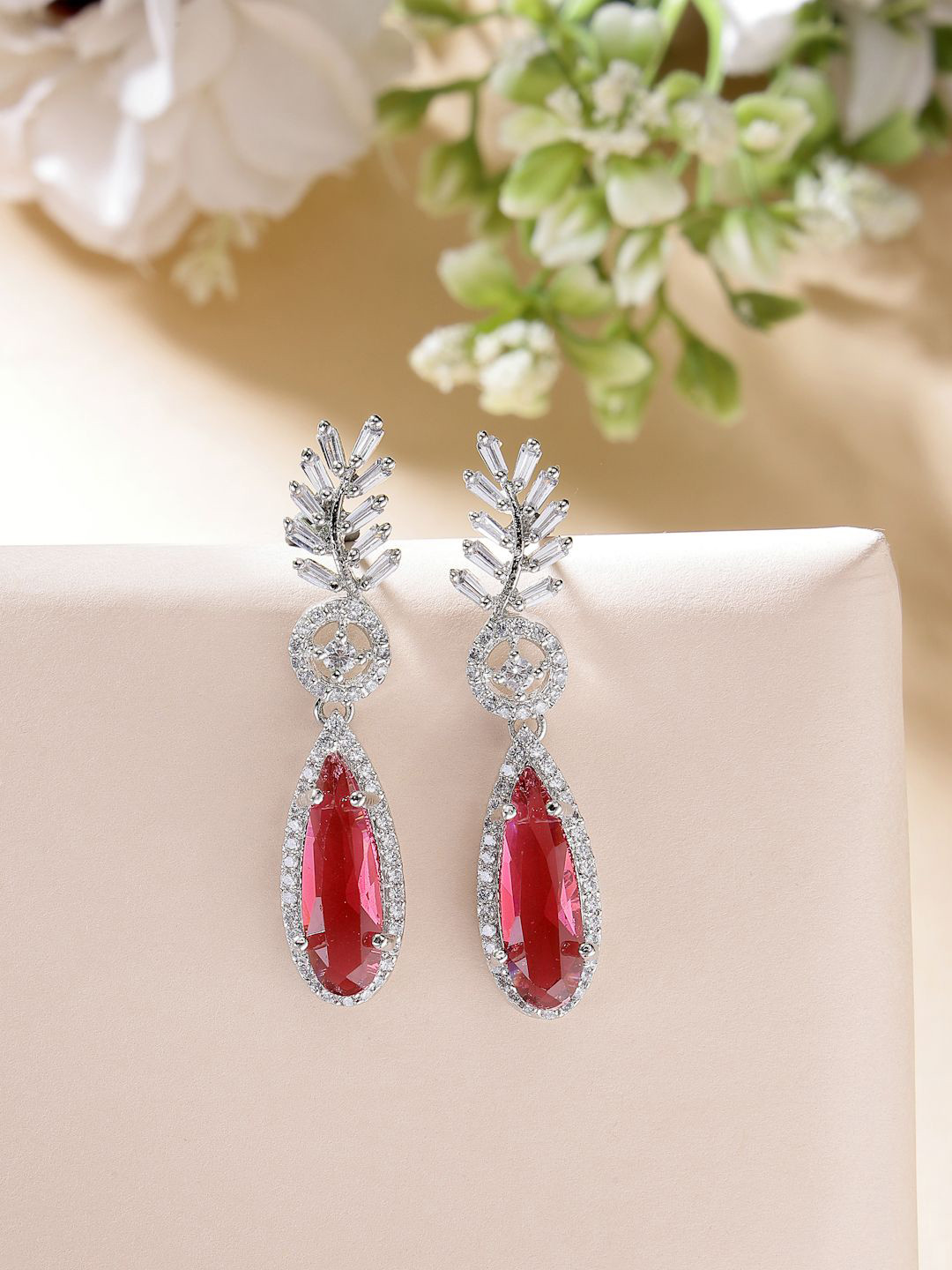 

ZENEME Rhodium Plated Leaf Shaped American Diamond Drop Earrings, Red