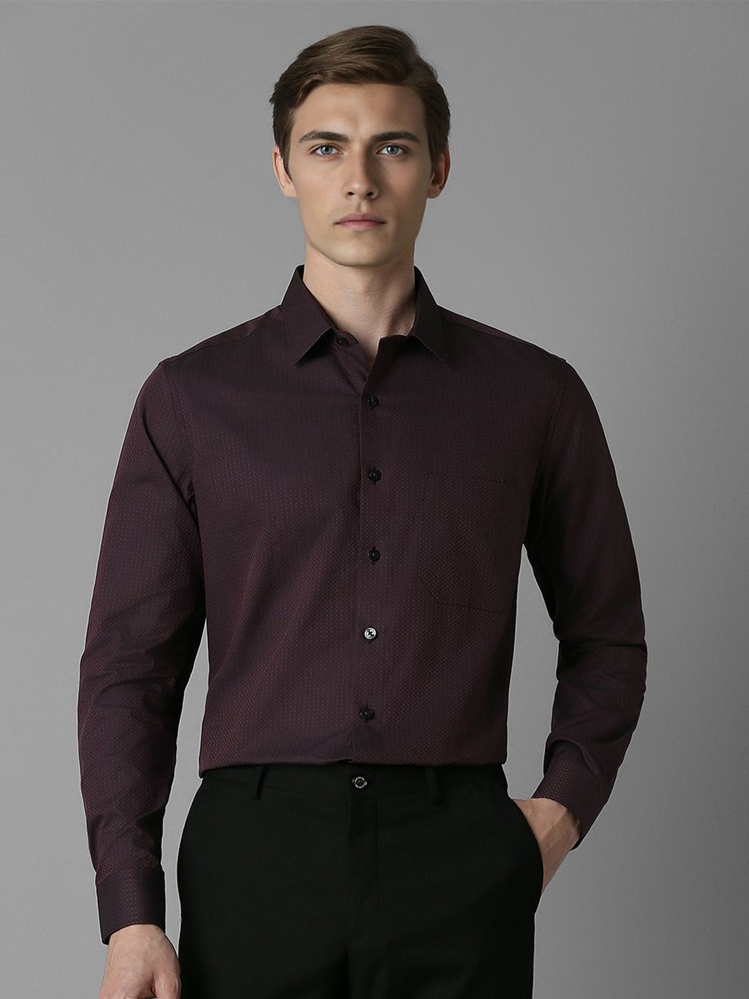 

Louis Philippe Men Spread Collar Textured Solid Cotton Slim Fit Formal Shirt, Purple