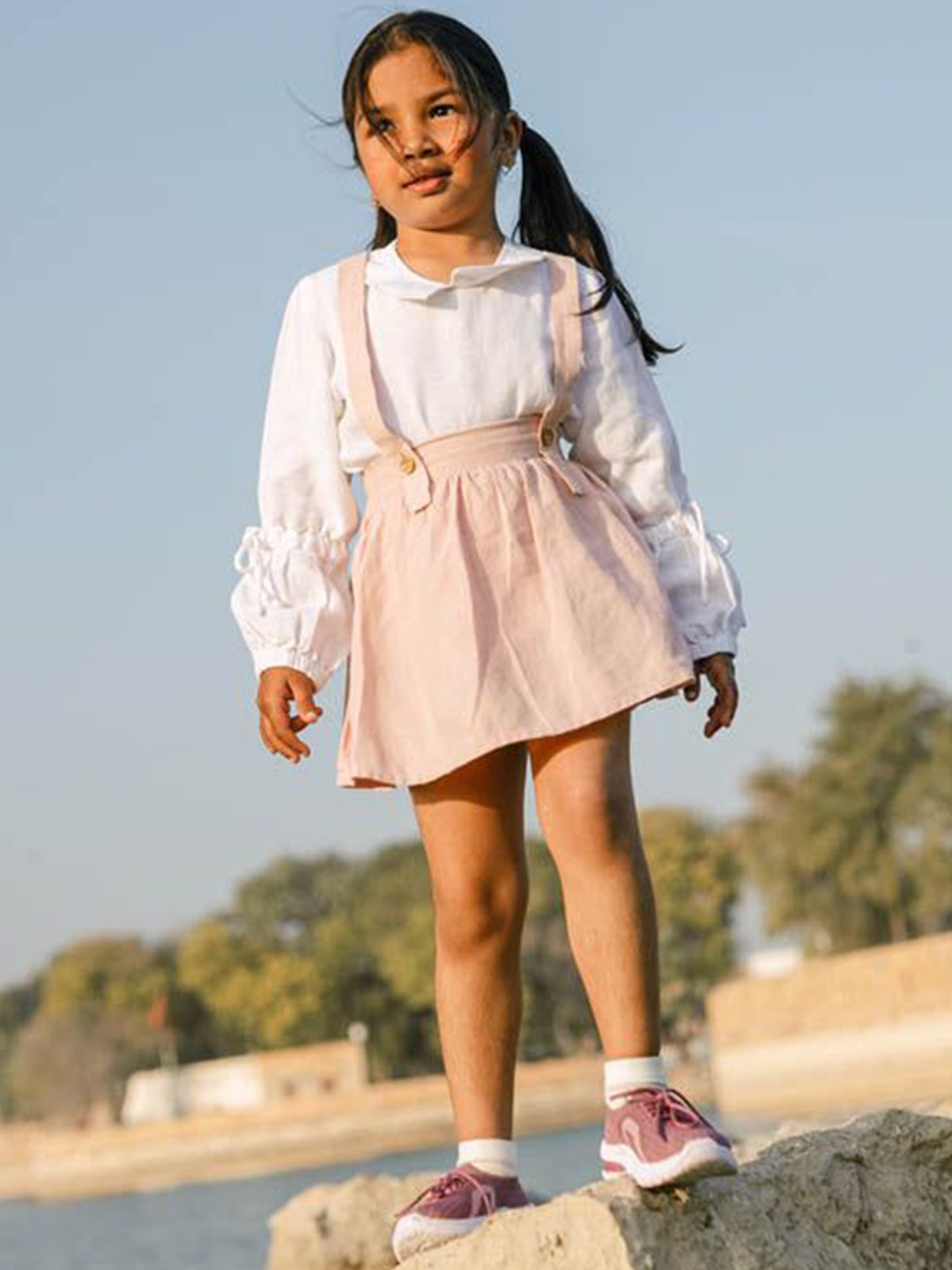 

CHI LINEN CLOTHING Girls Linen Shirt With Skirt Clothing Set, Peach