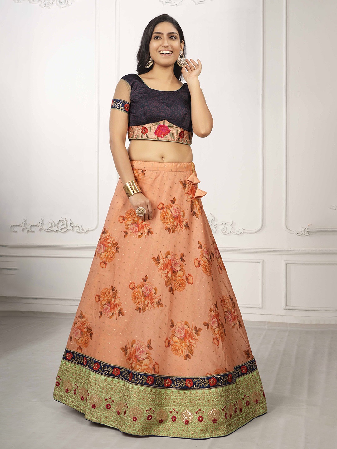 

SAPTRANGI Floral Printed Ready To Wear Lehenga & Blouse With Dupatta, Peach