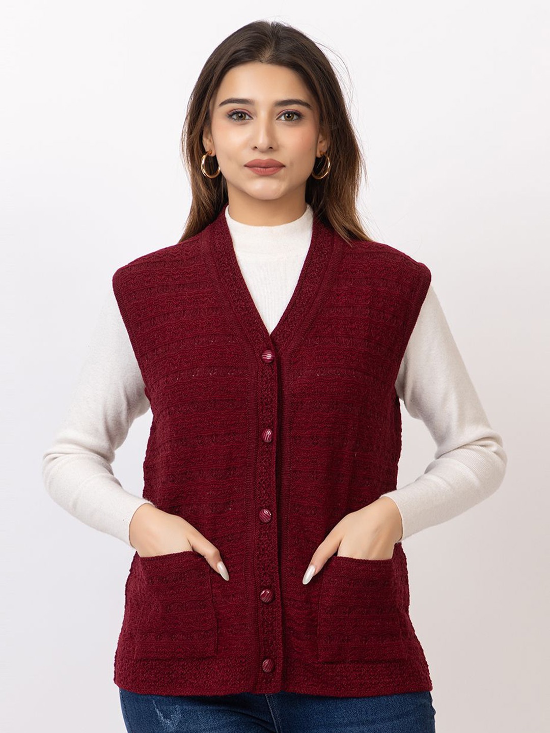 

TWENTY ME Women Embroidered Woollen Cardigan with Embroidered Detail, Maroon