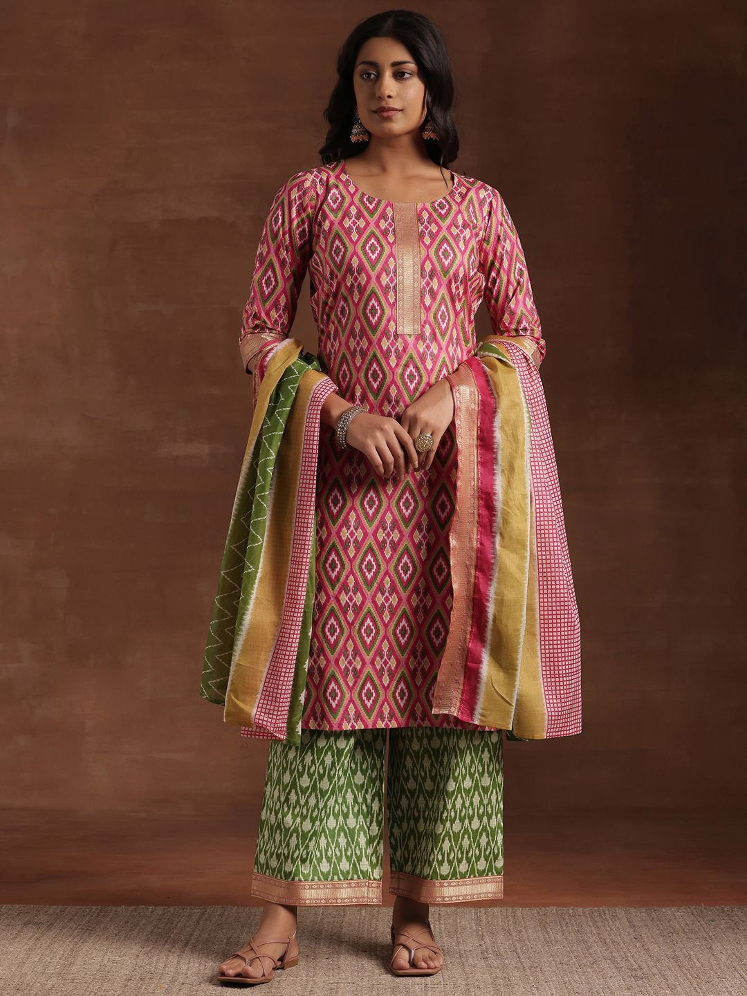 

Libas Floral Printed Empire Gotta Patti Pure Cotton Straight Kurta With Palazzo & Dupatta, Pink