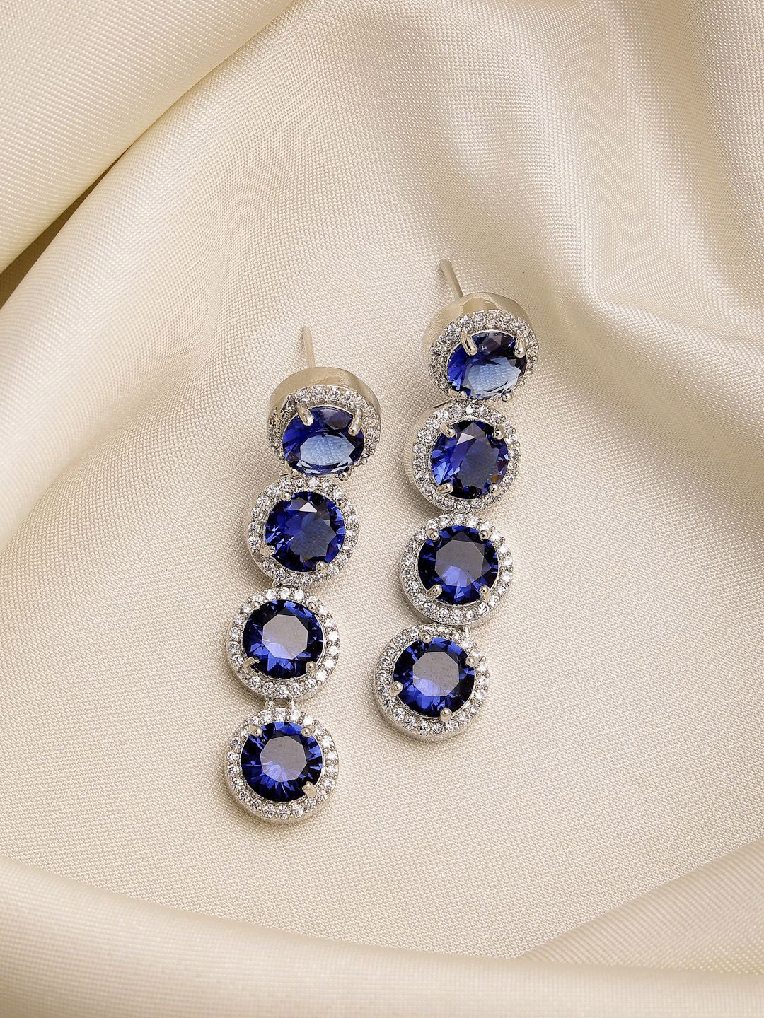 

ZENEME Rhodium Plated American Diamond Circular Drop Earrings, Blue