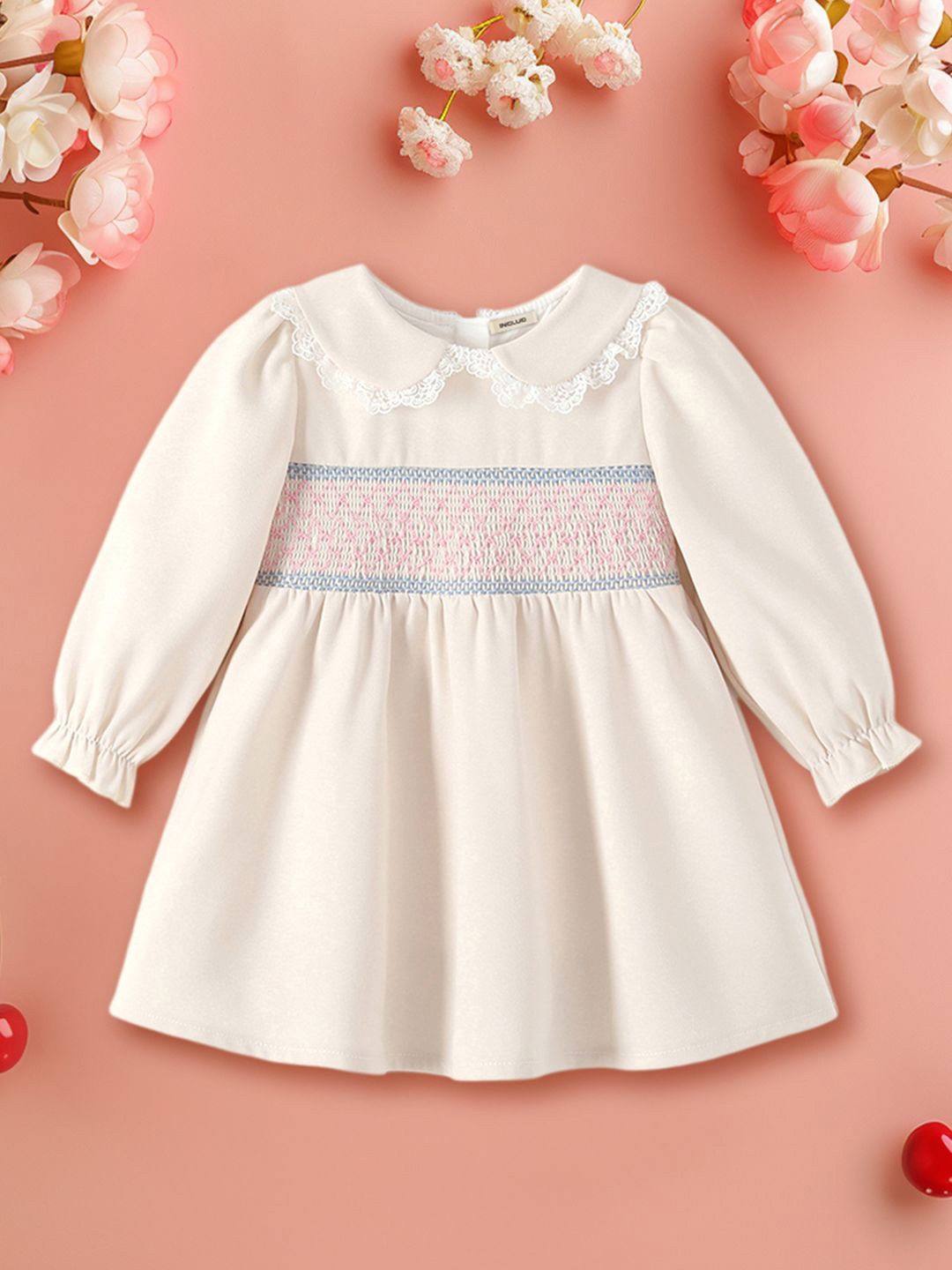 

INCLUD Girls Embroidered Peter Pan Collar Puff Sleeve A-Line Dress, Off white