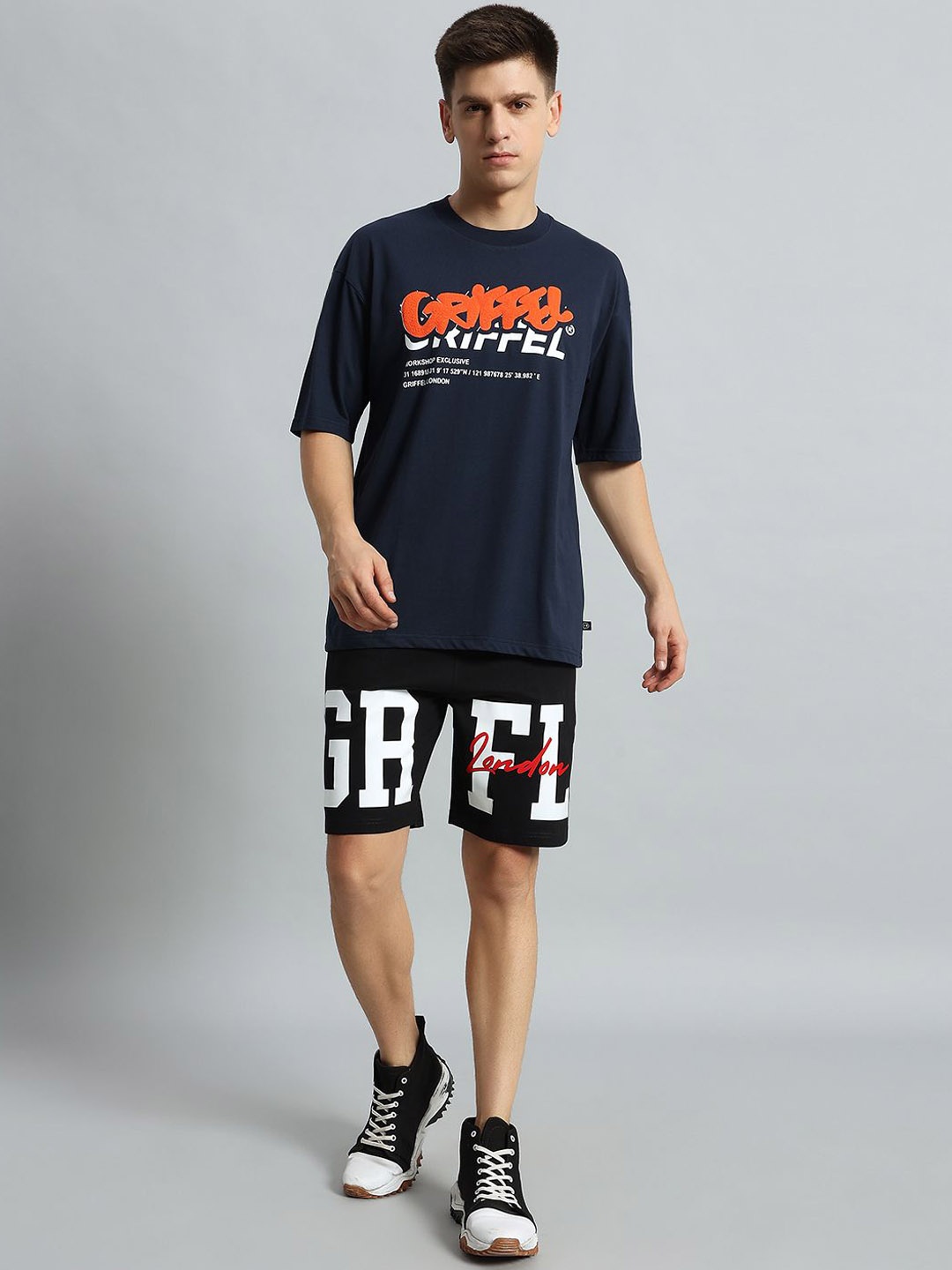 

GRIFFEL Printed Pure Cotton T-Shirt With Shorts, Navy blue