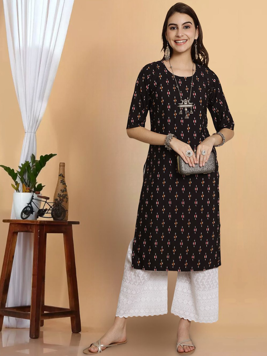 

7Threads Ethnic Motifs Printed Straight Kurta, Navy blue