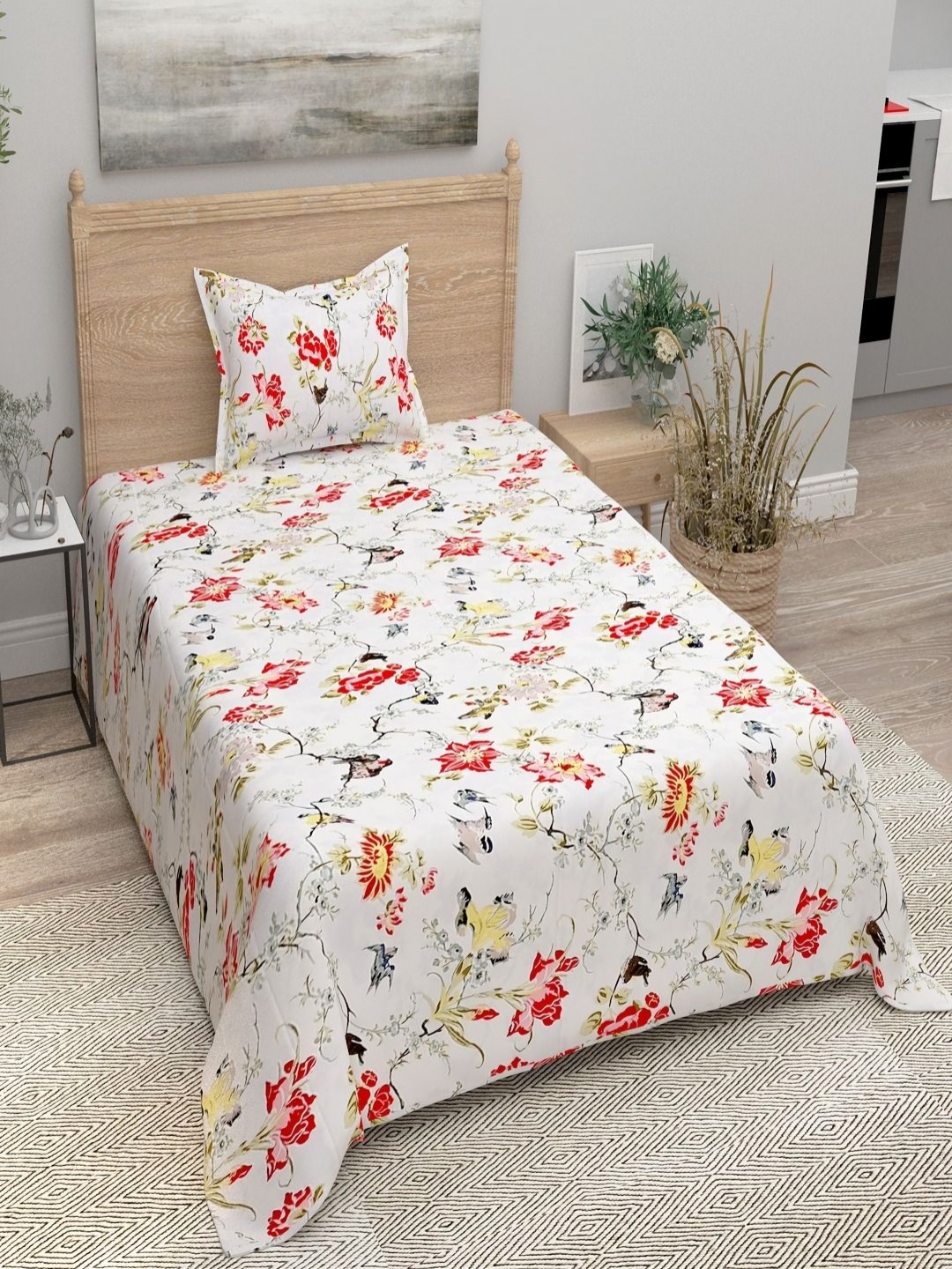 

Aura Red & White Floral 144 TC Single Bedsheet with 1 Pillow Covers