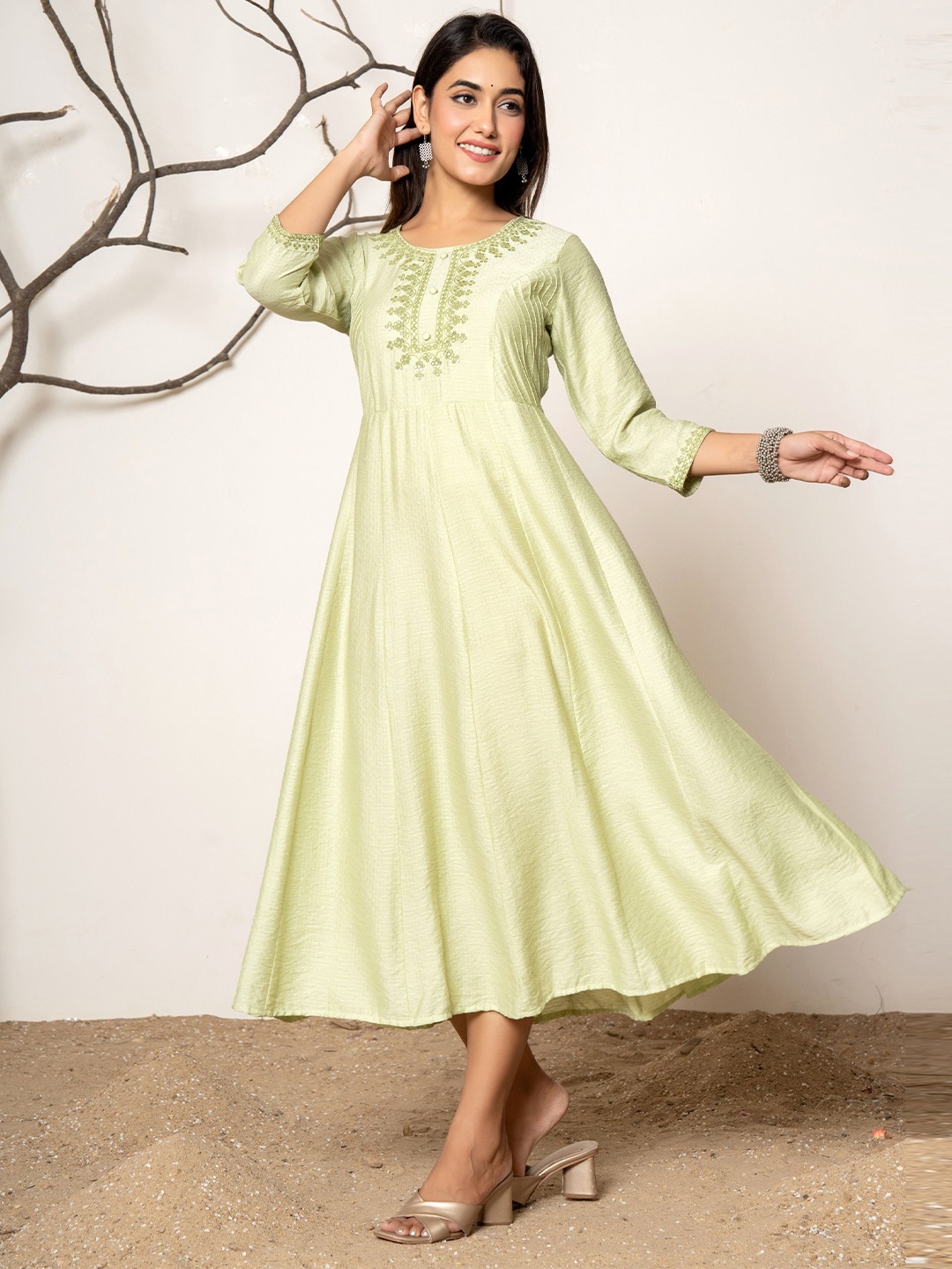 

Rouhab Ethnic Motifs Embroidered Fit & Flare Midi Dress, Green