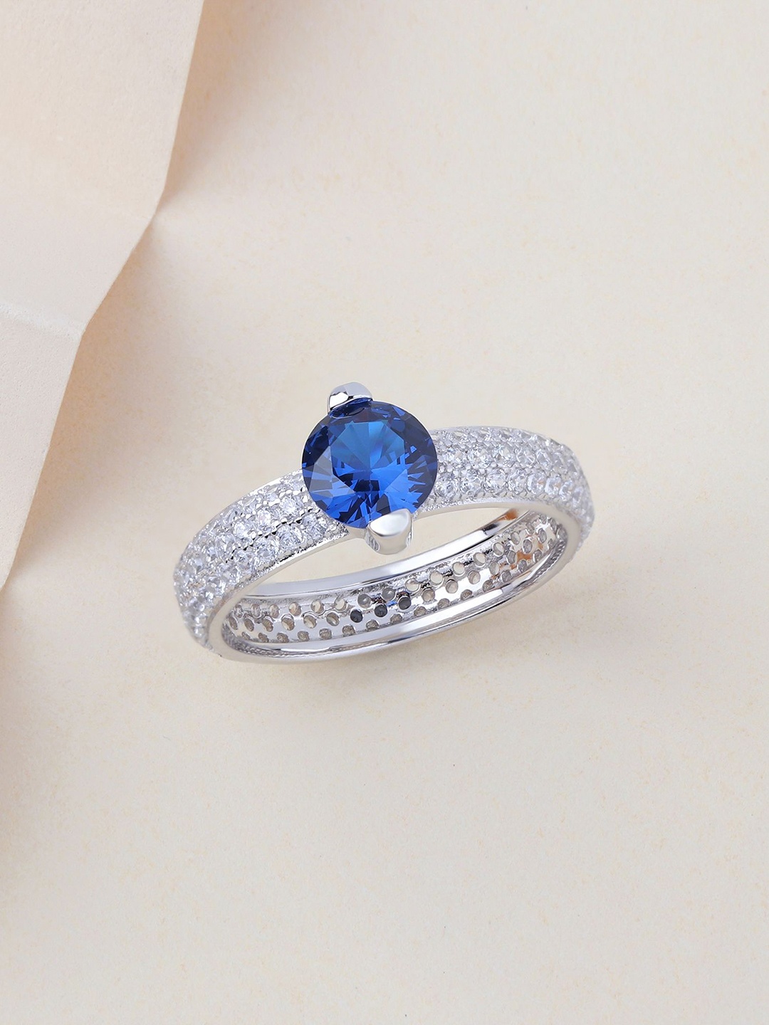 

Ornate Jewels 925 Sterling Silver Rhodium Plated Cubic Zirconia Solitaire Finger Ring, Blue