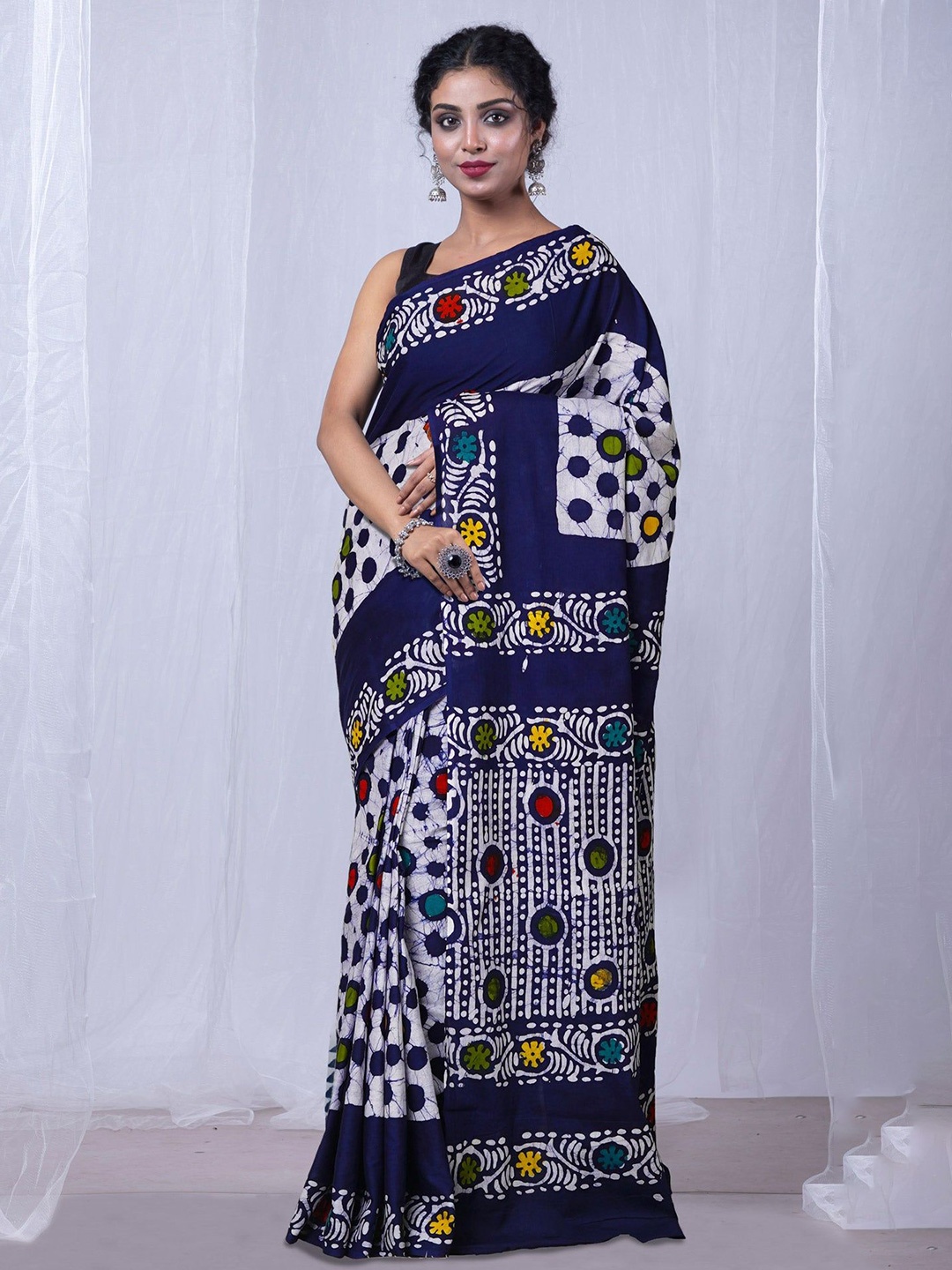 

Unnati Silks Batik Pure Cotton Handloom Chanderi Saree, Navy blue