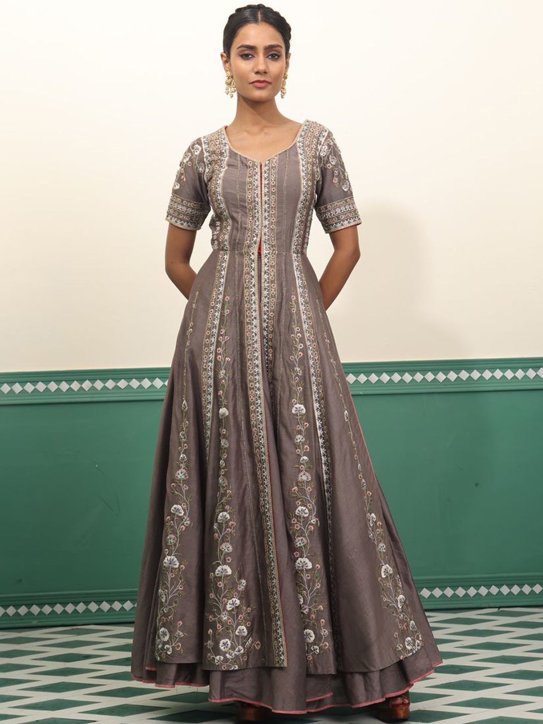 

SAMANT CHAUHAN Floral Embroidered Cotton Silk Front Open Maxi Ethnic Dress, Grey