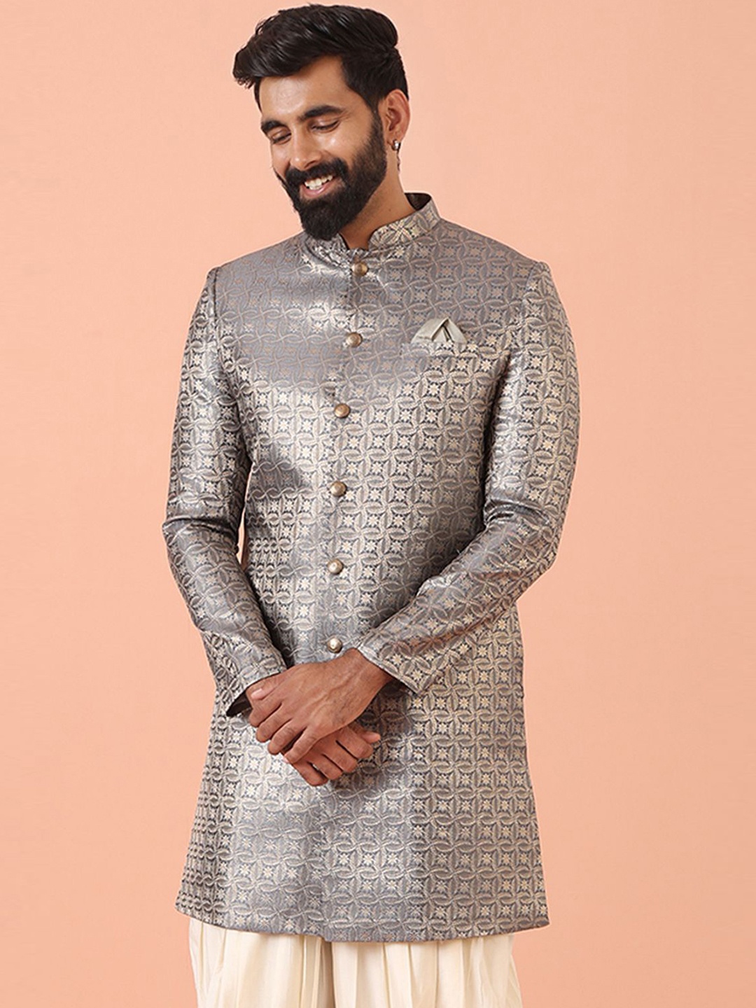 

KISAH Men Patchwork Slim Fit Jacquard Indowestern Sherwani, Grey