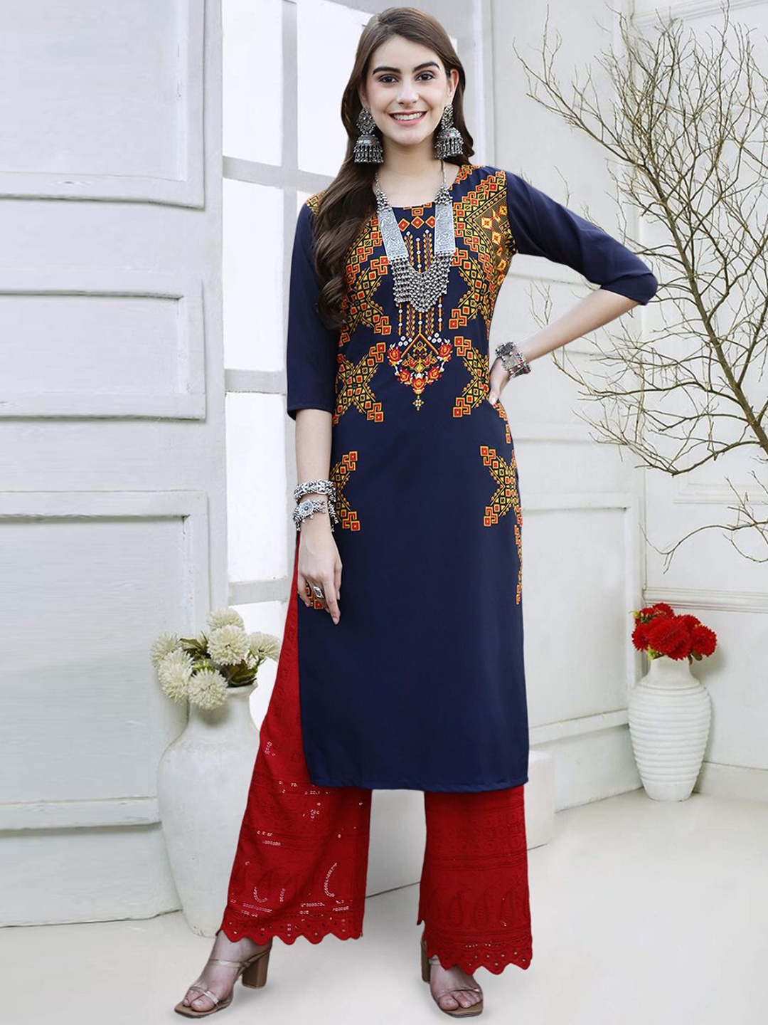 

7Threads Geometric Printed Round Neck Straight Kurta, Navy blue