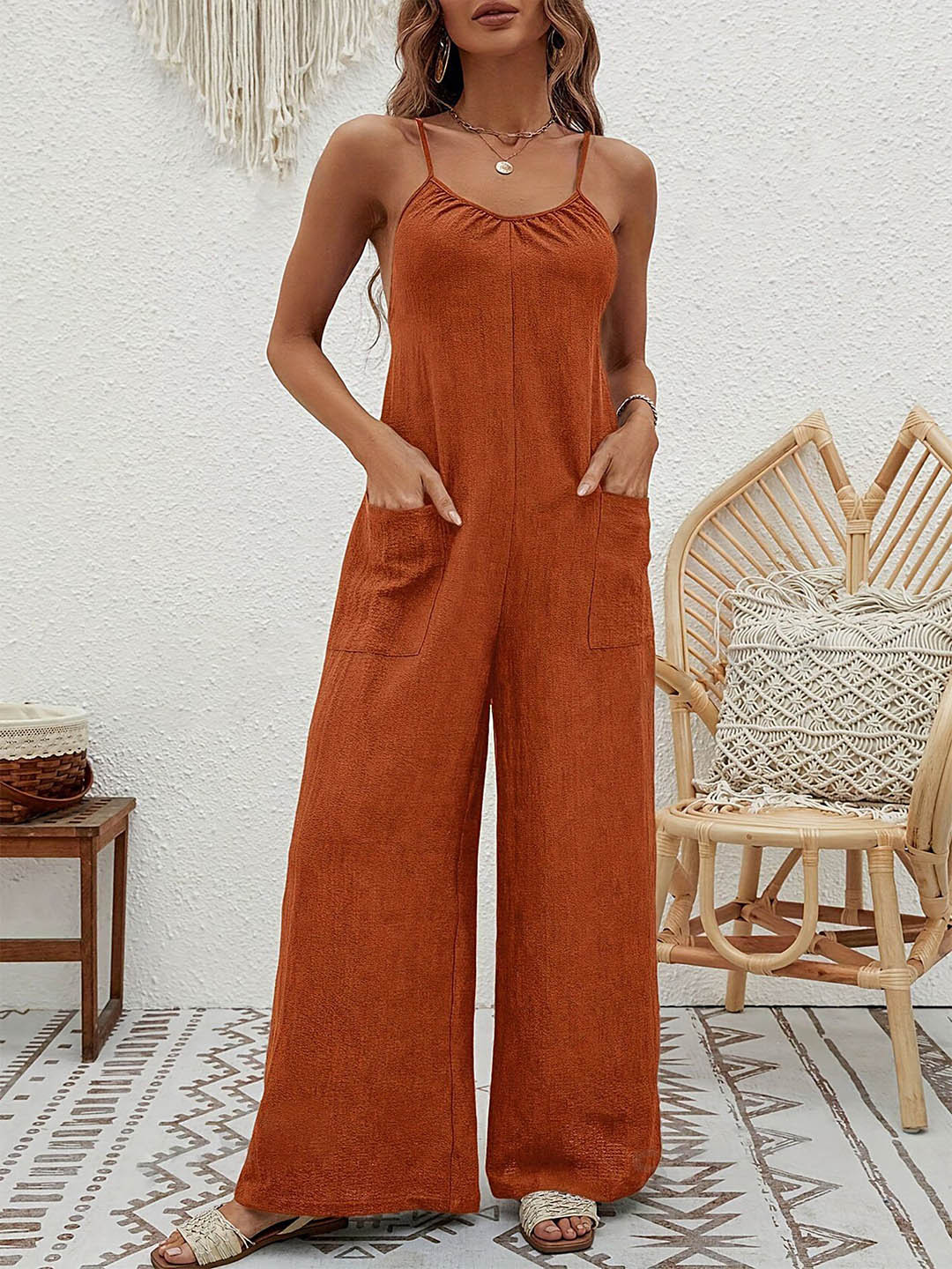 

LULU & SKY Woven Basic Jumpsuit, Orange