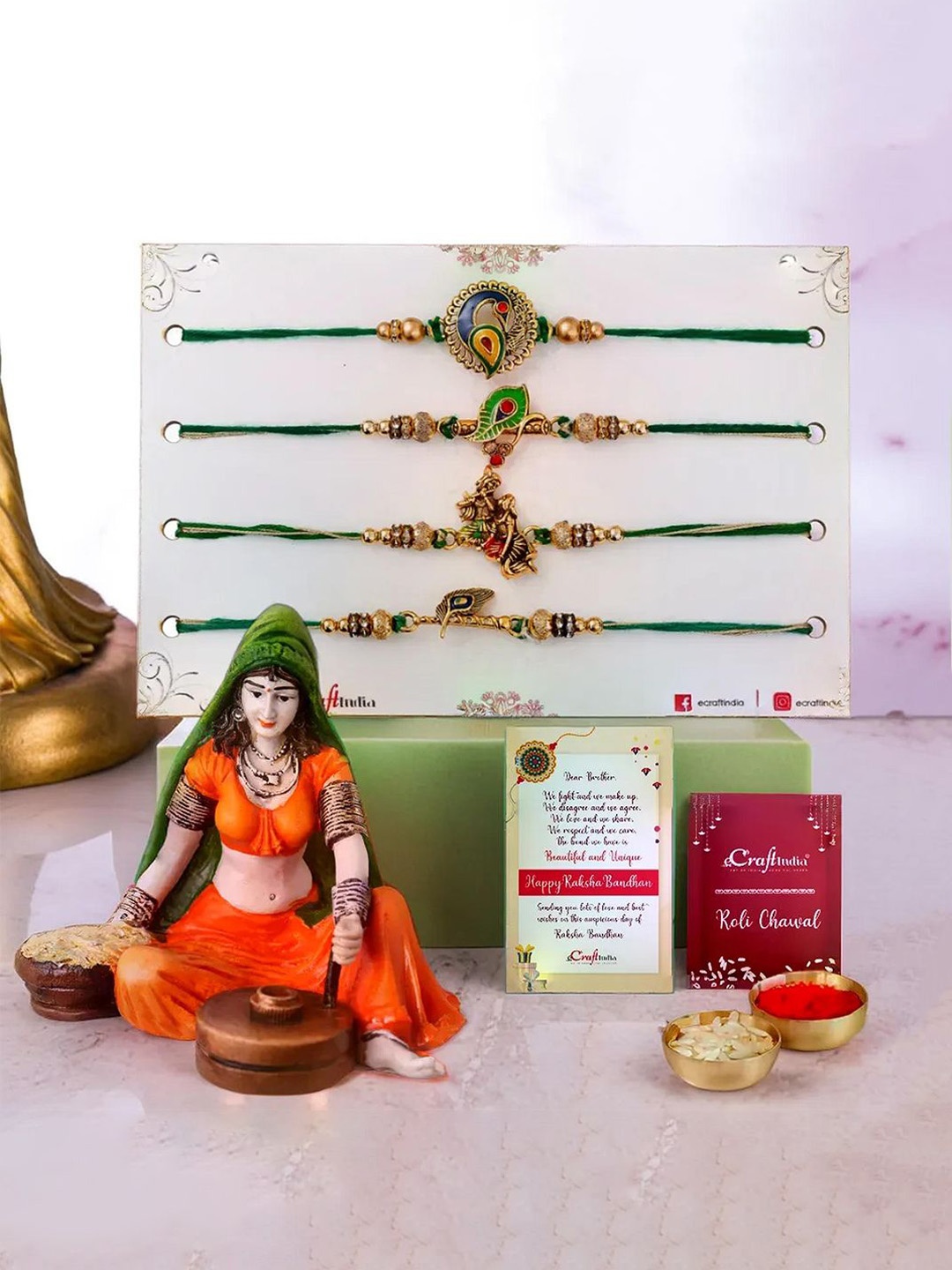 

eCraftIndia Set Of 4 Rakhi Women Statue Greeting Card & Roli Chawal, Green