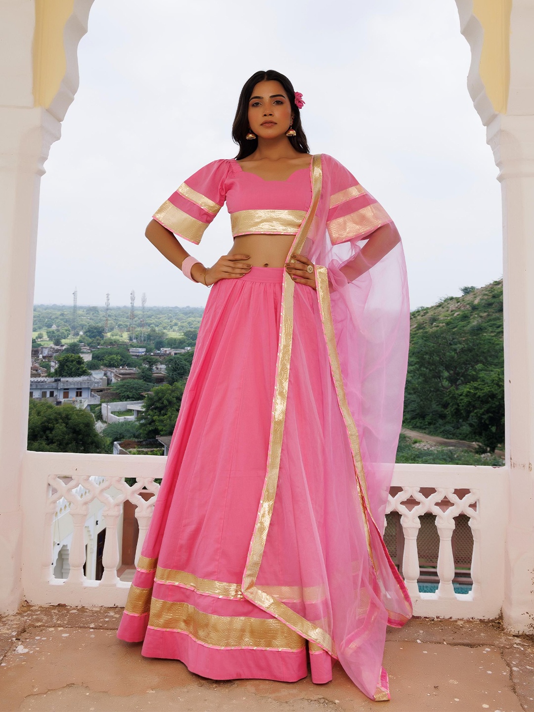 

Ragavi Embellished Cotton Ready to Wear Lehenga & Blouse With Dupatta, Pink