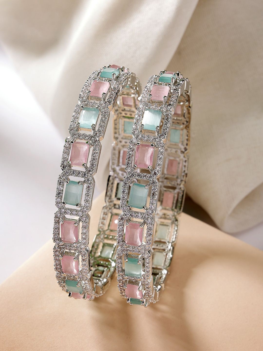 

ZENEME Set Of 2 Rhodium Plated American Diamond Studded Bangle, Silver