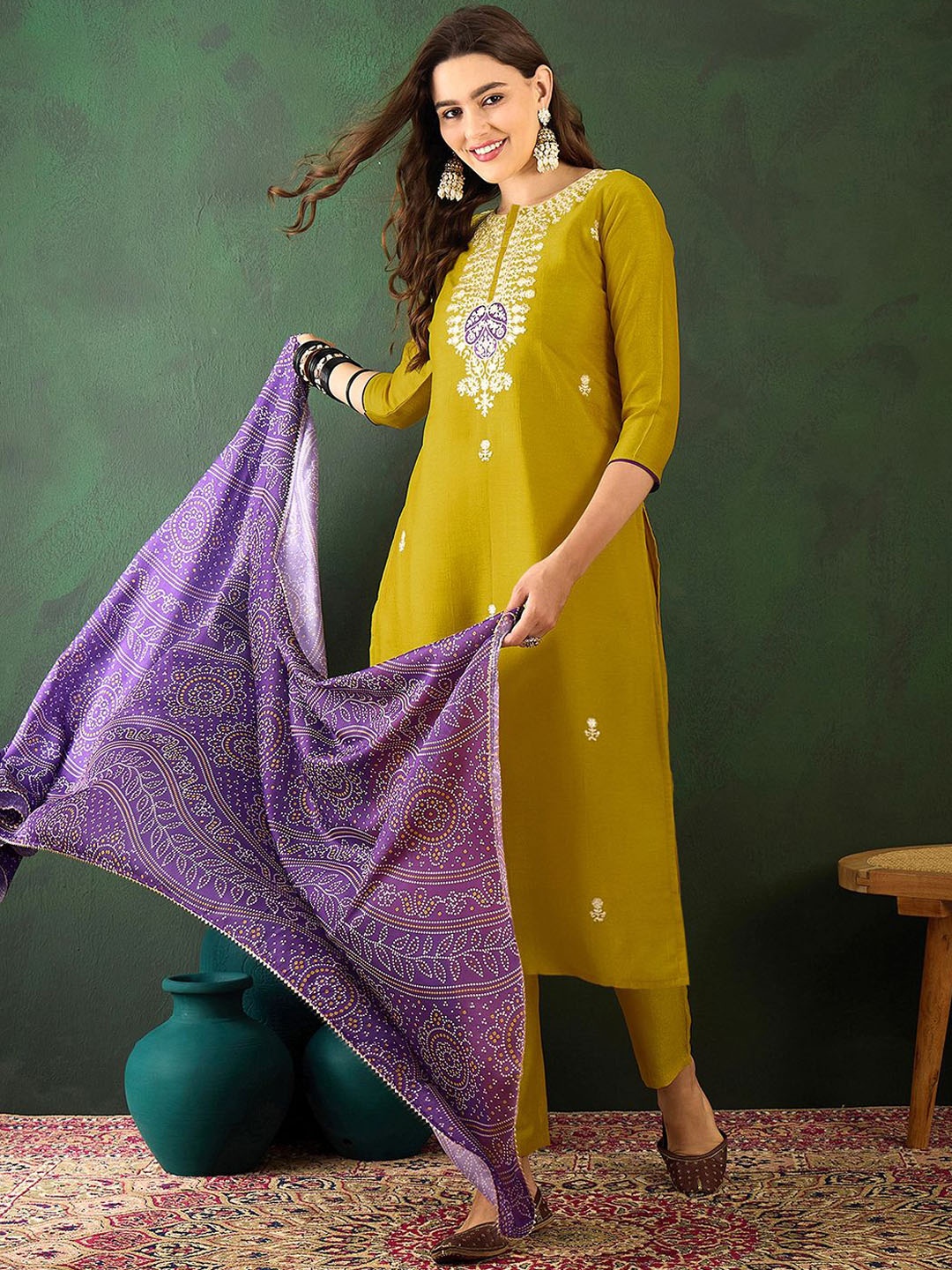 

Sangria Floral Embroidered Straight Kurta With Trouser & Dupatta, Mustard