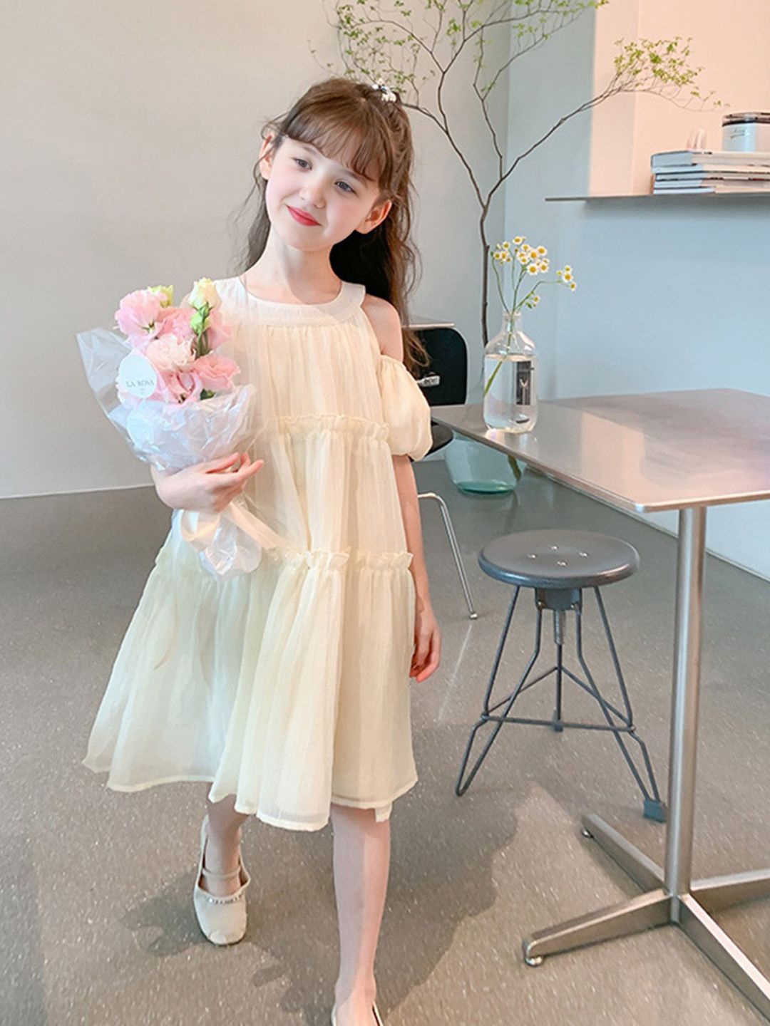 

INCLUD Girls Cold-Shoulder Empire Dress, Beige