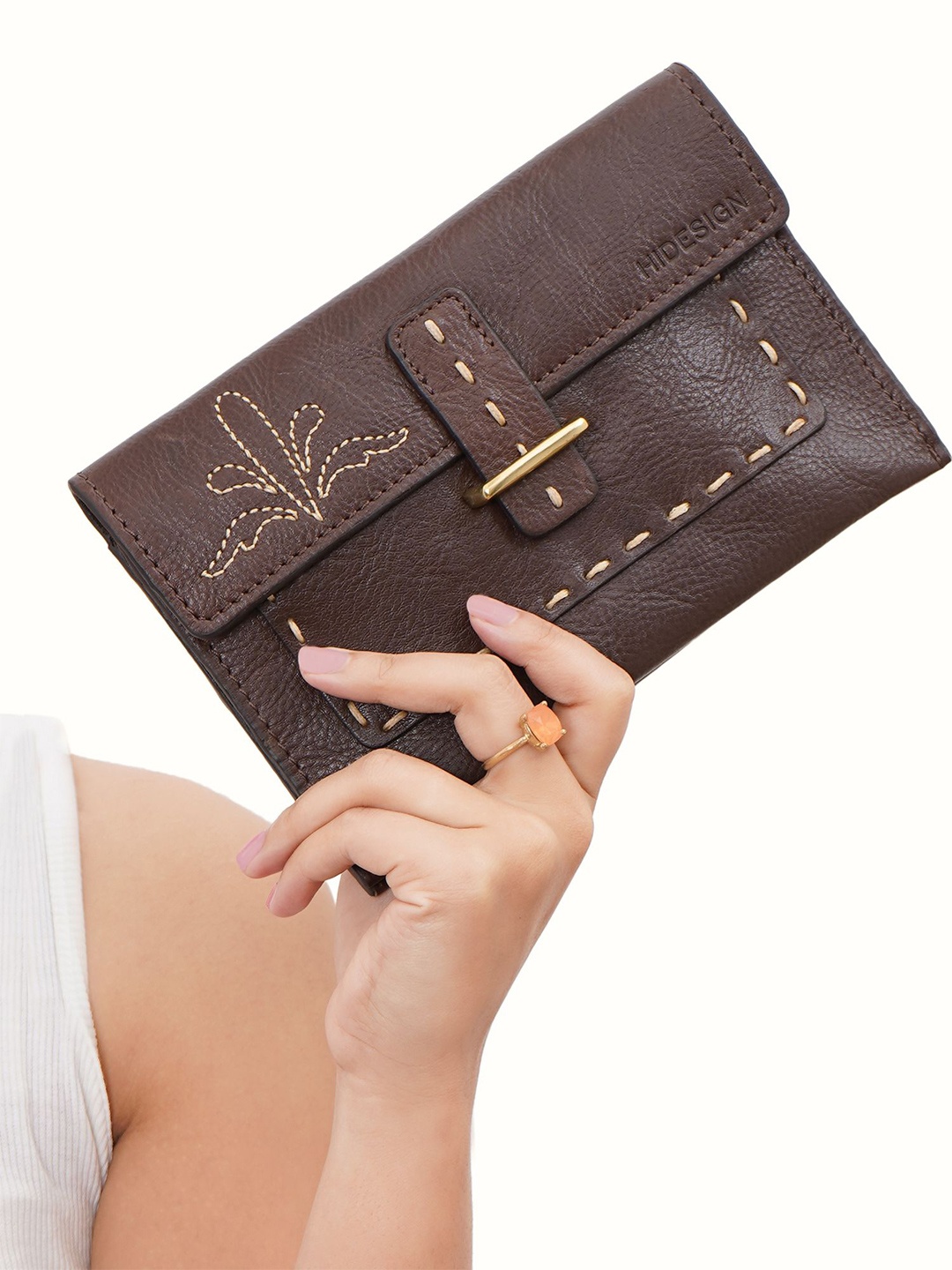 

Hidesign Floral Textured Leather Structured Sling Bag, Brown
