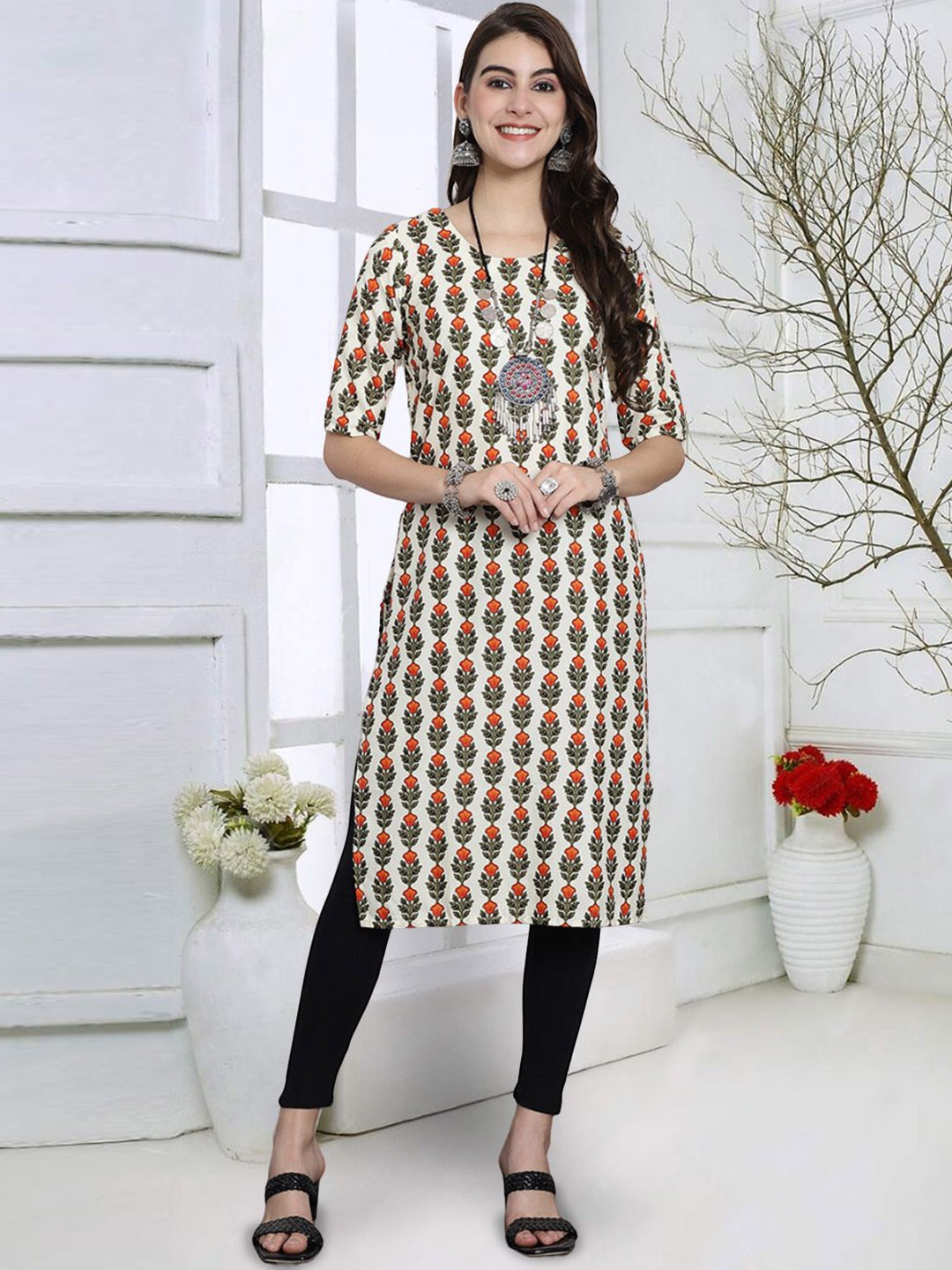 

7Threads Floral Printed Round Neck Straight Kurta, Beige