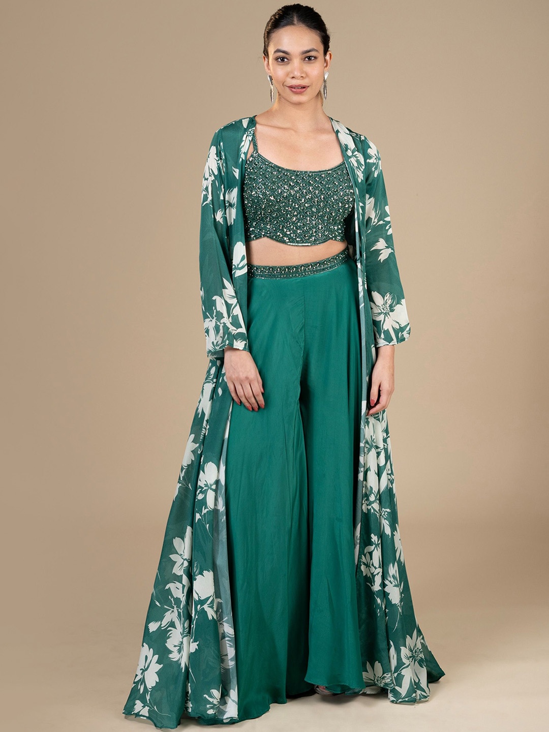 

House Of Dharaa Shoulder Straps Crop Top, Shrug & Palazoo, Green