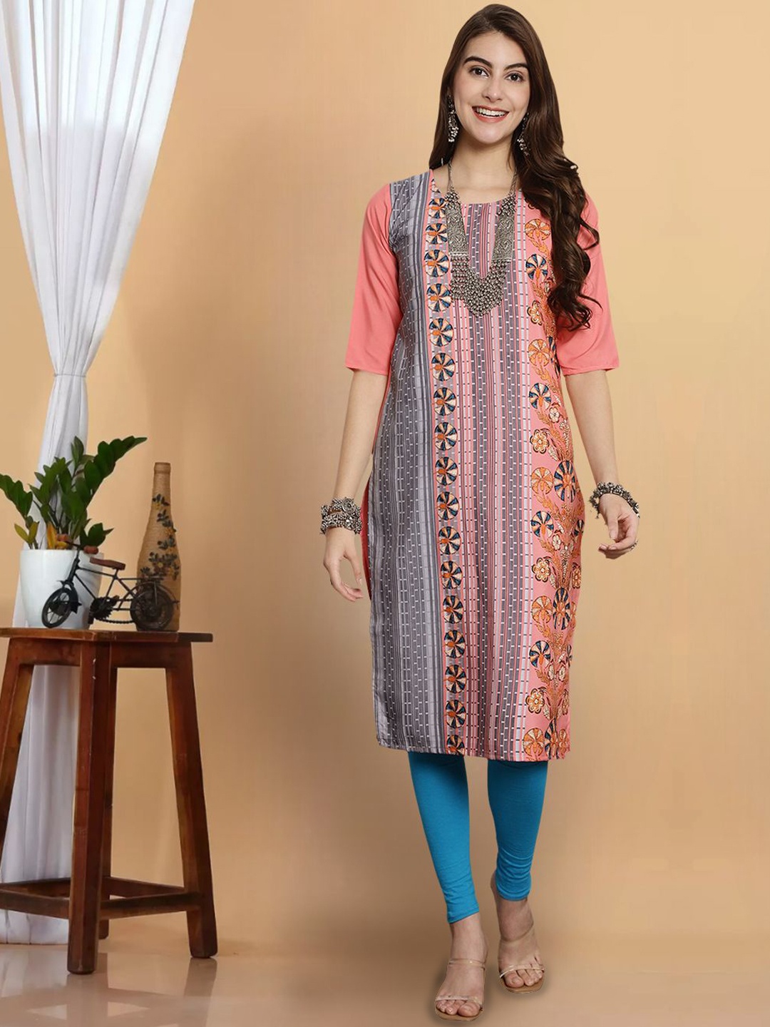 

7Threads Ethnic Motifs Printed Crepe Straight Kurta, Orange