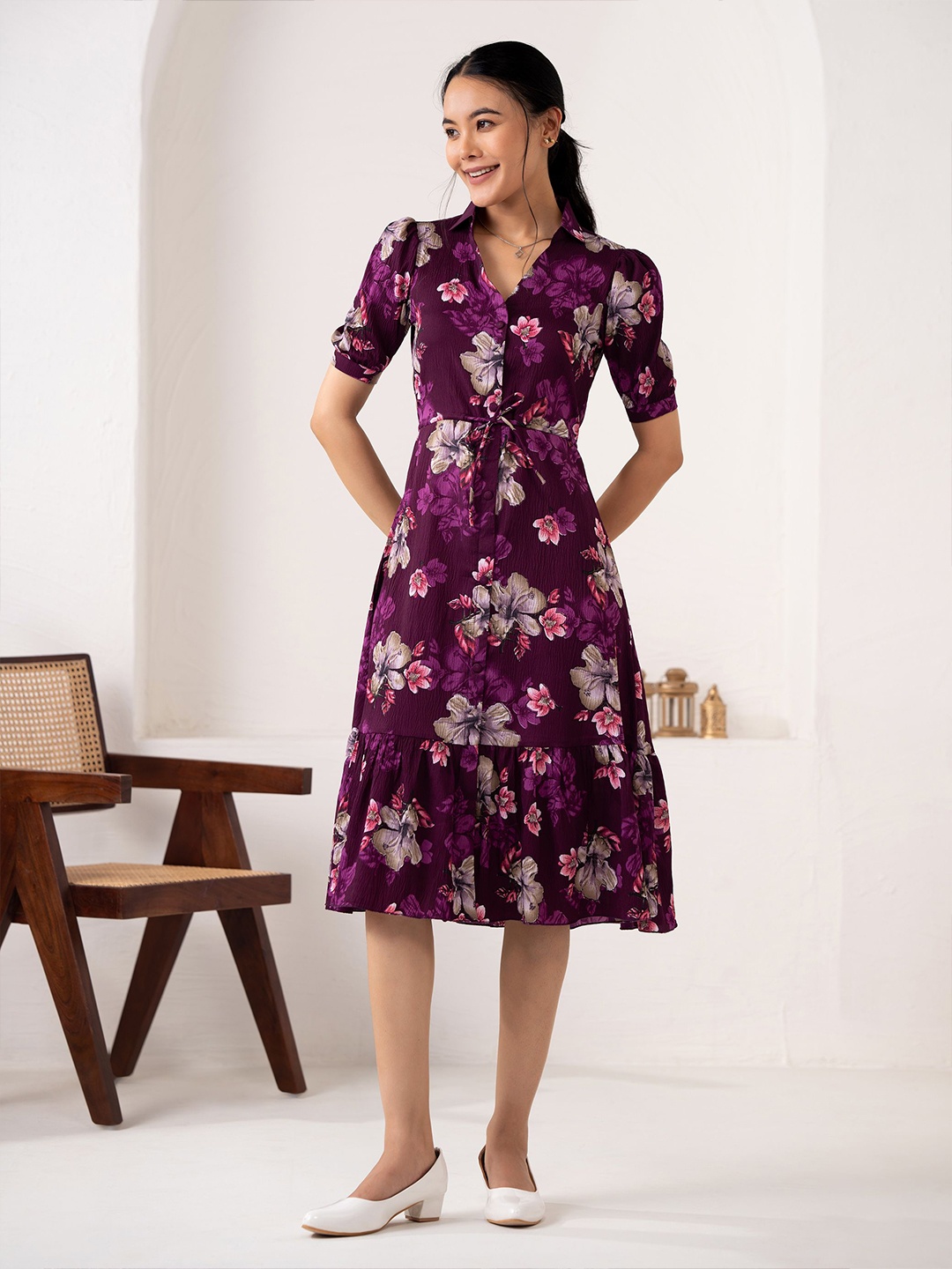 

DressBerry Floral Print Puff Sleeve Crepe Fit & Flare Dress, Purple