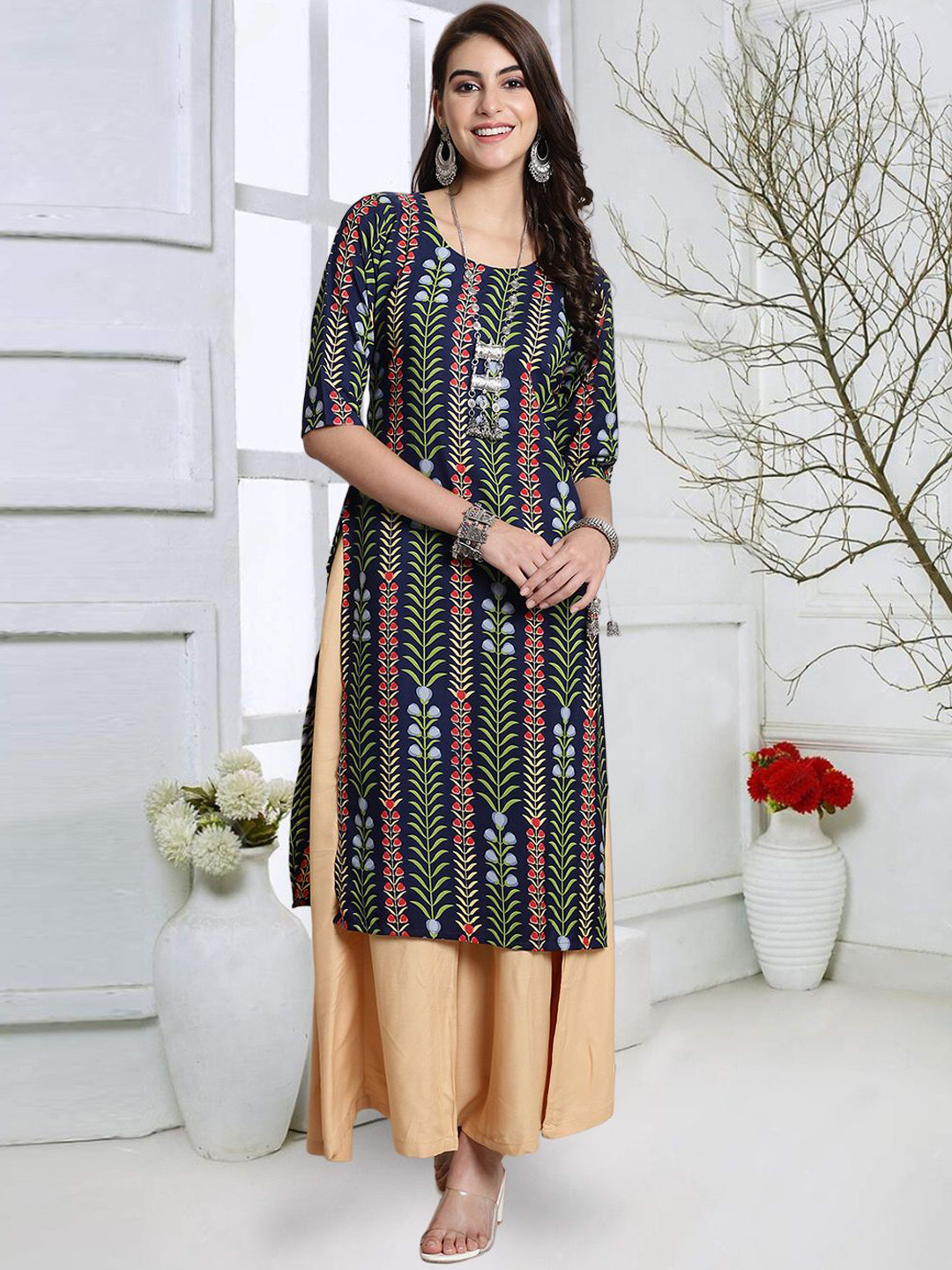 

7Threads Floral Printed Round Neck Straight Kurta, Green