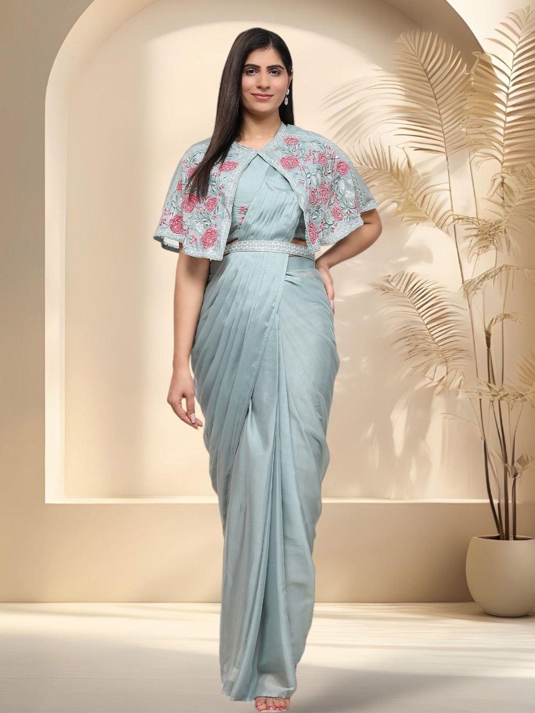 

Stylum Solid Satin Ready to Wear Saree, Sea green