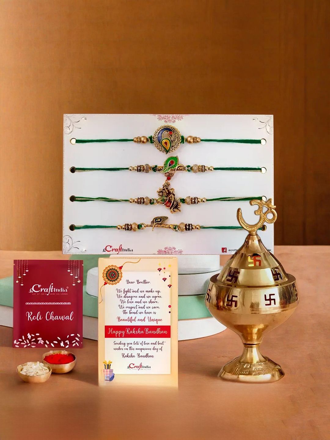 

eCraftIndia Set Of 5 Rakhi With Diya, Gold