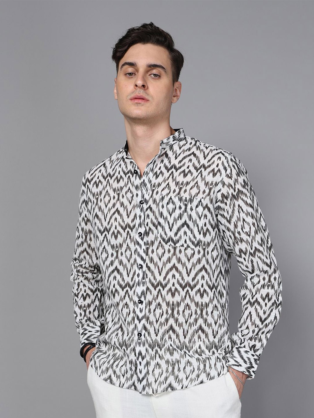 

DON VINO Men Band Collar Abstract Printed Cotton Slim Fit Casual Shirt, Black