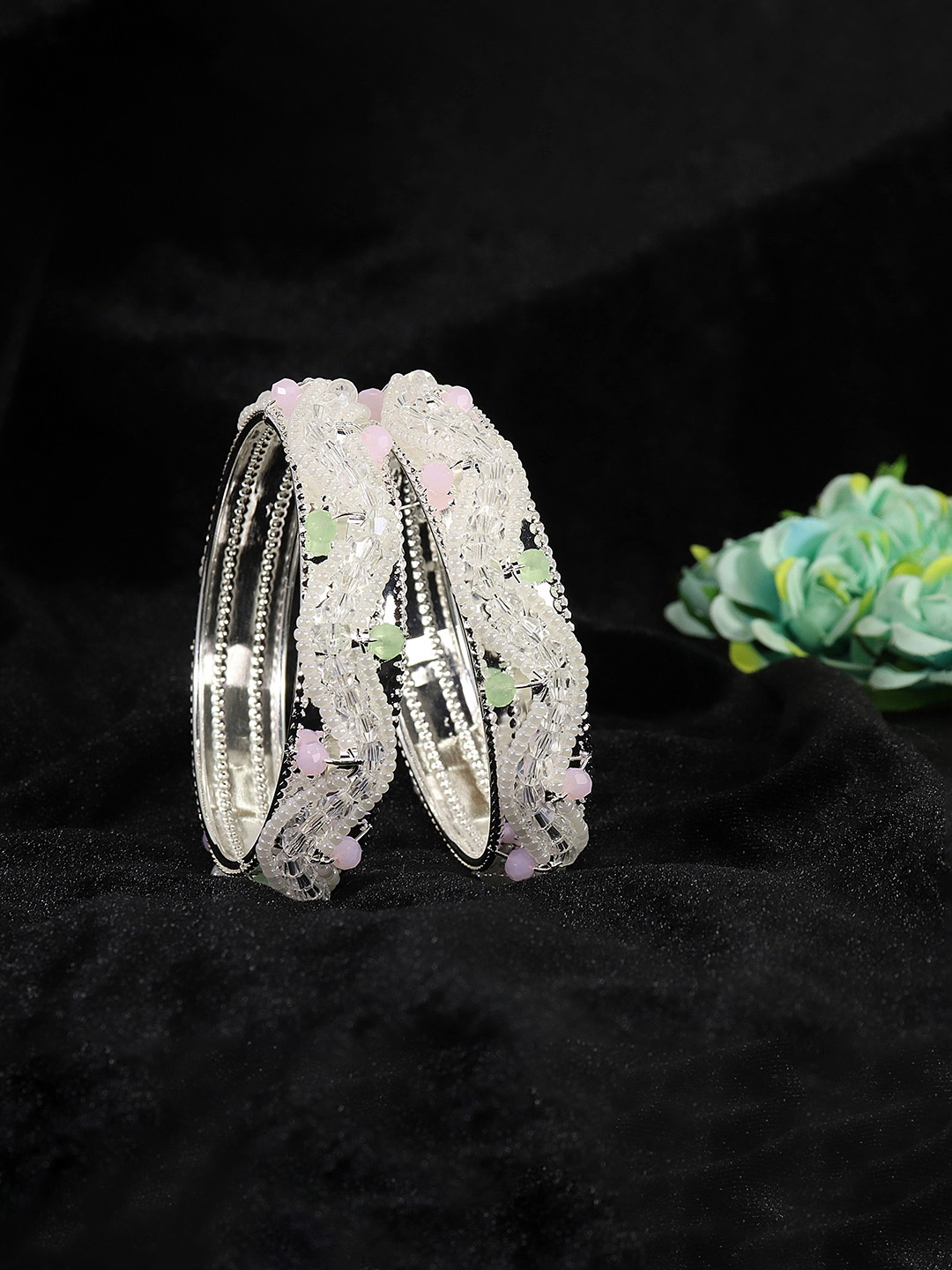 

NMII Set Of 2 Silver-Plated Peral-Studded Bangles