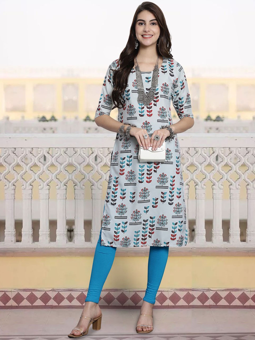 

7Threads Ethnic Motifs Printed Round Neck Crepe Straight Kurta, Blue