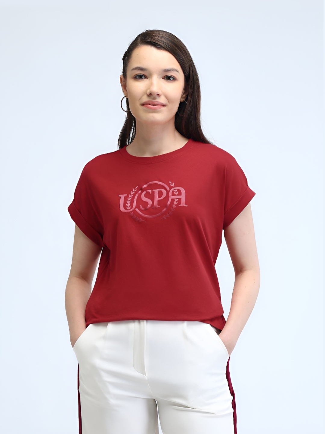 

U.S. Polo Assn. Women Women Typography Printed Extended Sleeves Pure Cotton Applique T-shirt, Red