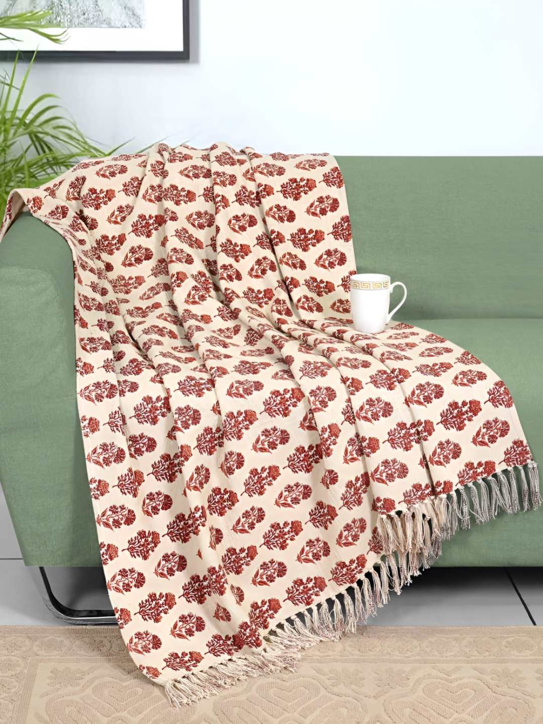 

Ode & Cleo Cream & Rust Printed Cotton Sofa Bed/Picnic Throw Blanket