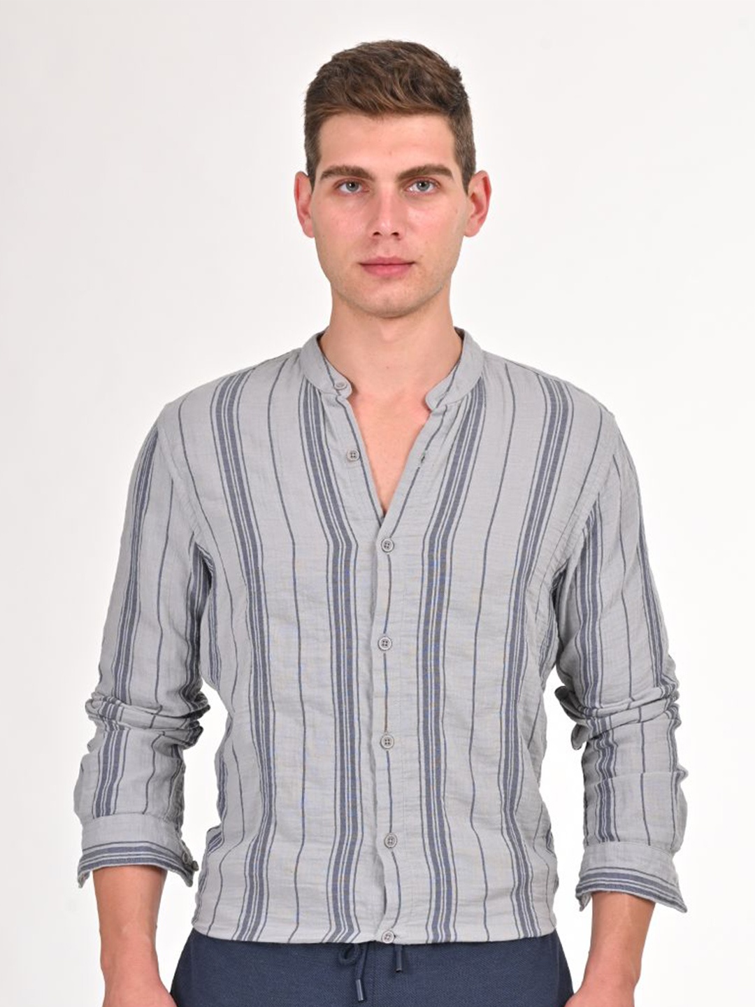 

POE Men Smart Mandarin Collar Striped Cotton Slim Fit Casual Shirt, Grey