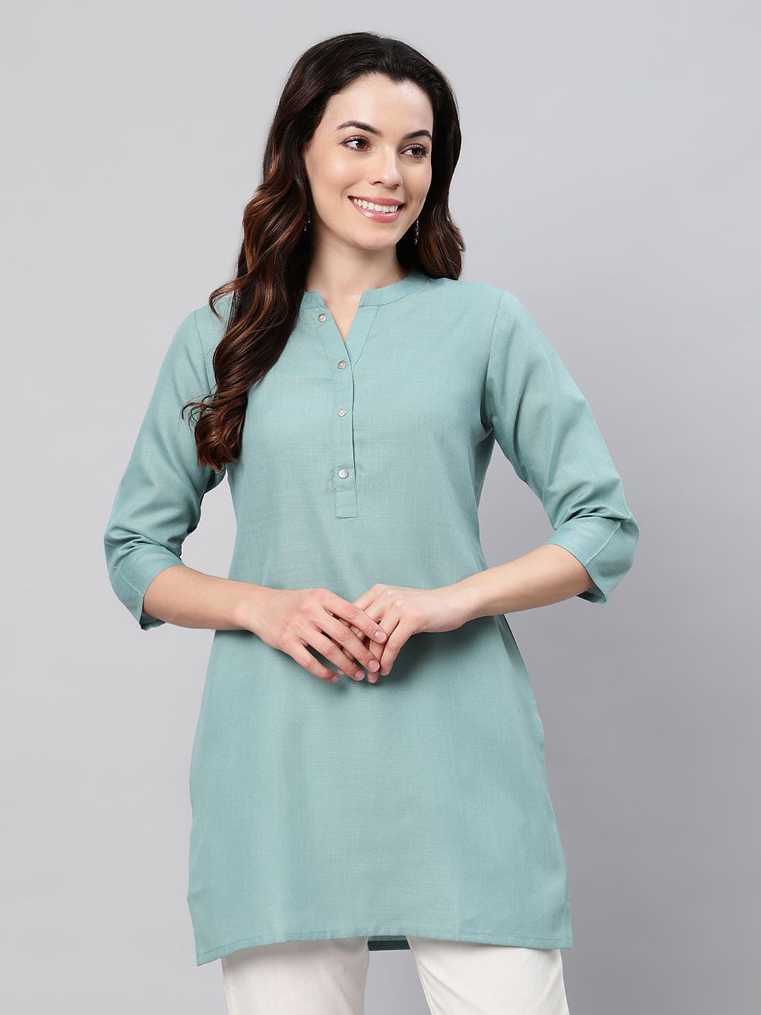 

FLAMBOYANT Women Solid Mandarin Collar Cotton Top, Sea green