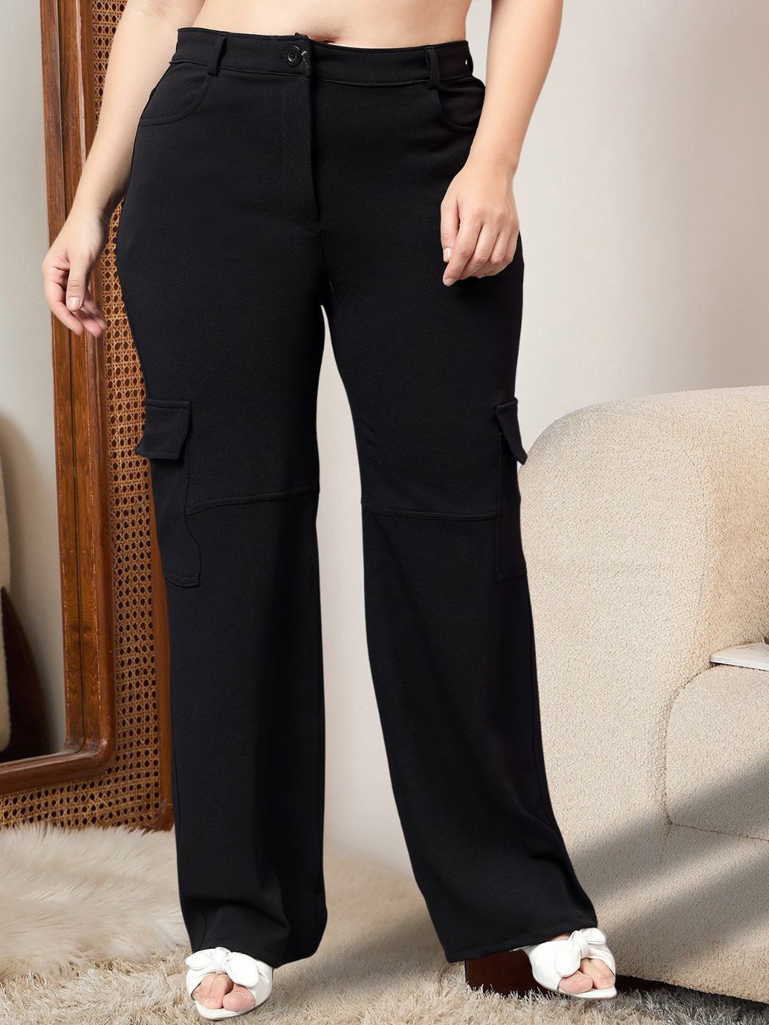 

BAESD Women Relaxed Straight Leg Loose Fit High-Rise Easy Wash Cargos Trousers, Black