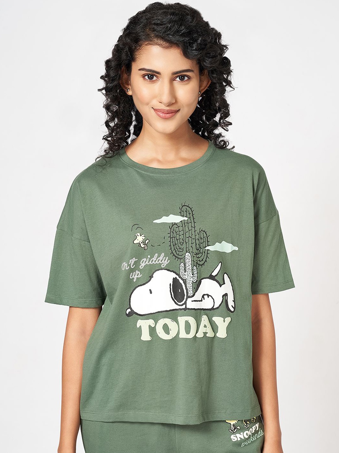 

Dreamz by Pantaloons Printed Pure Cotton Lounge T-shirt, Olive