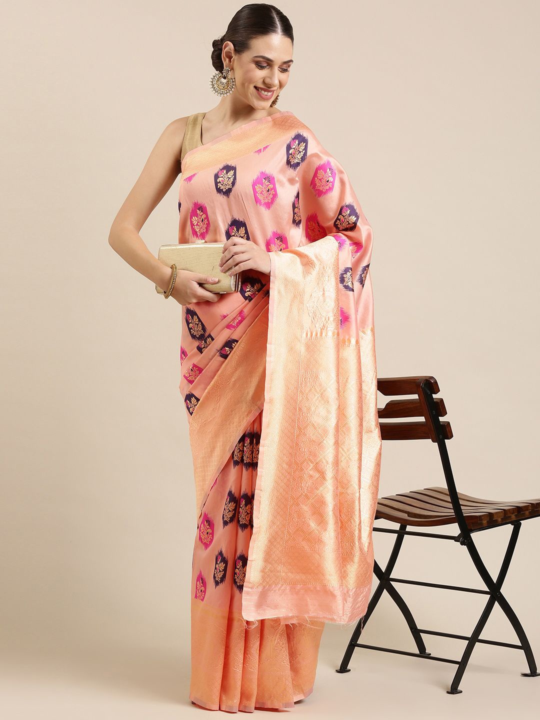 

KIMISHA Women Woven Design Floral Printed Saree With Zari Border, Peach