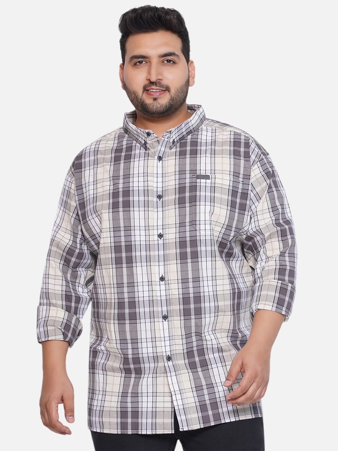 

Santonio Men Plus Size Classic Button-Down Collar Tartan Checked Cotton Casual Shirt, Grey
