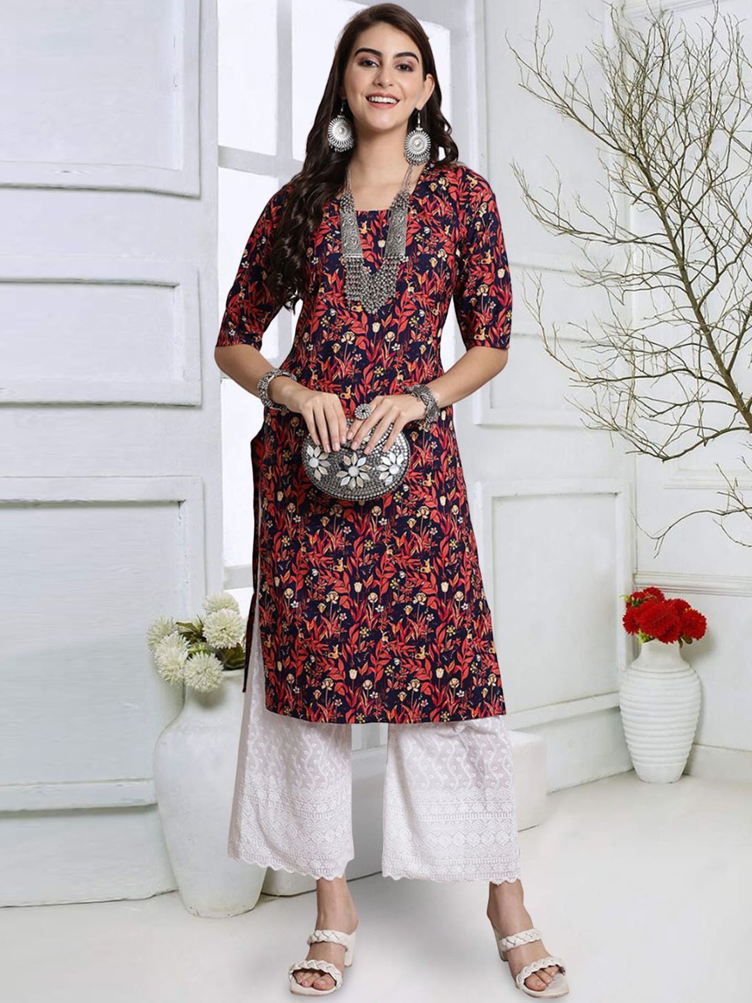 

7Threads Floral Printed Round Neck Straight Kurta, Navy blue