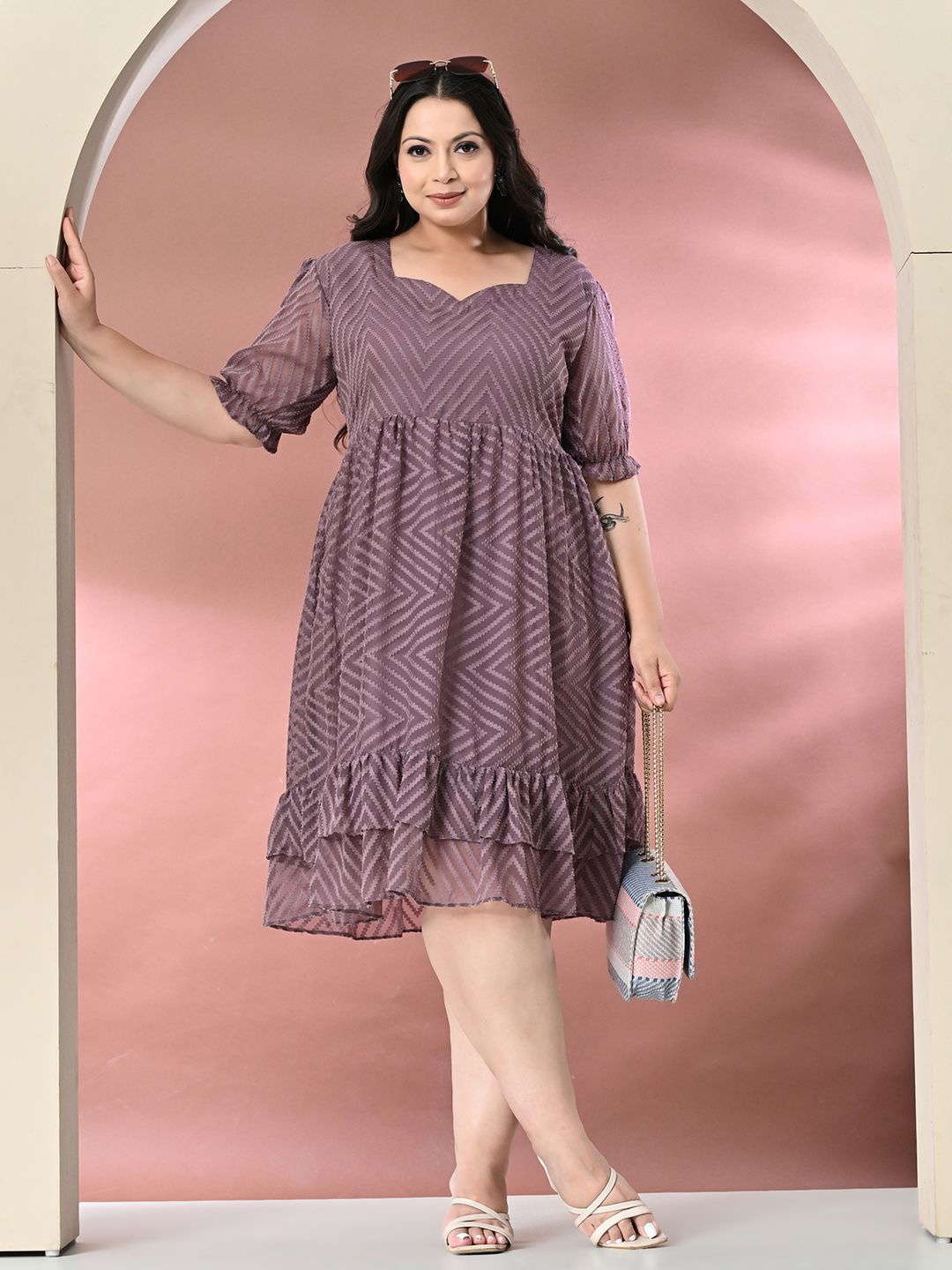 

PrettyPlus by Desinoor.com Plus Size Sweetheart Neck Puff Sleeve Fit & Flare Dress, Lavender