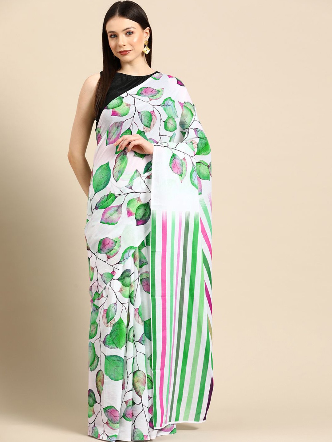 

BUTA BUTI Leaf Design Pure Cotton Saree, Green