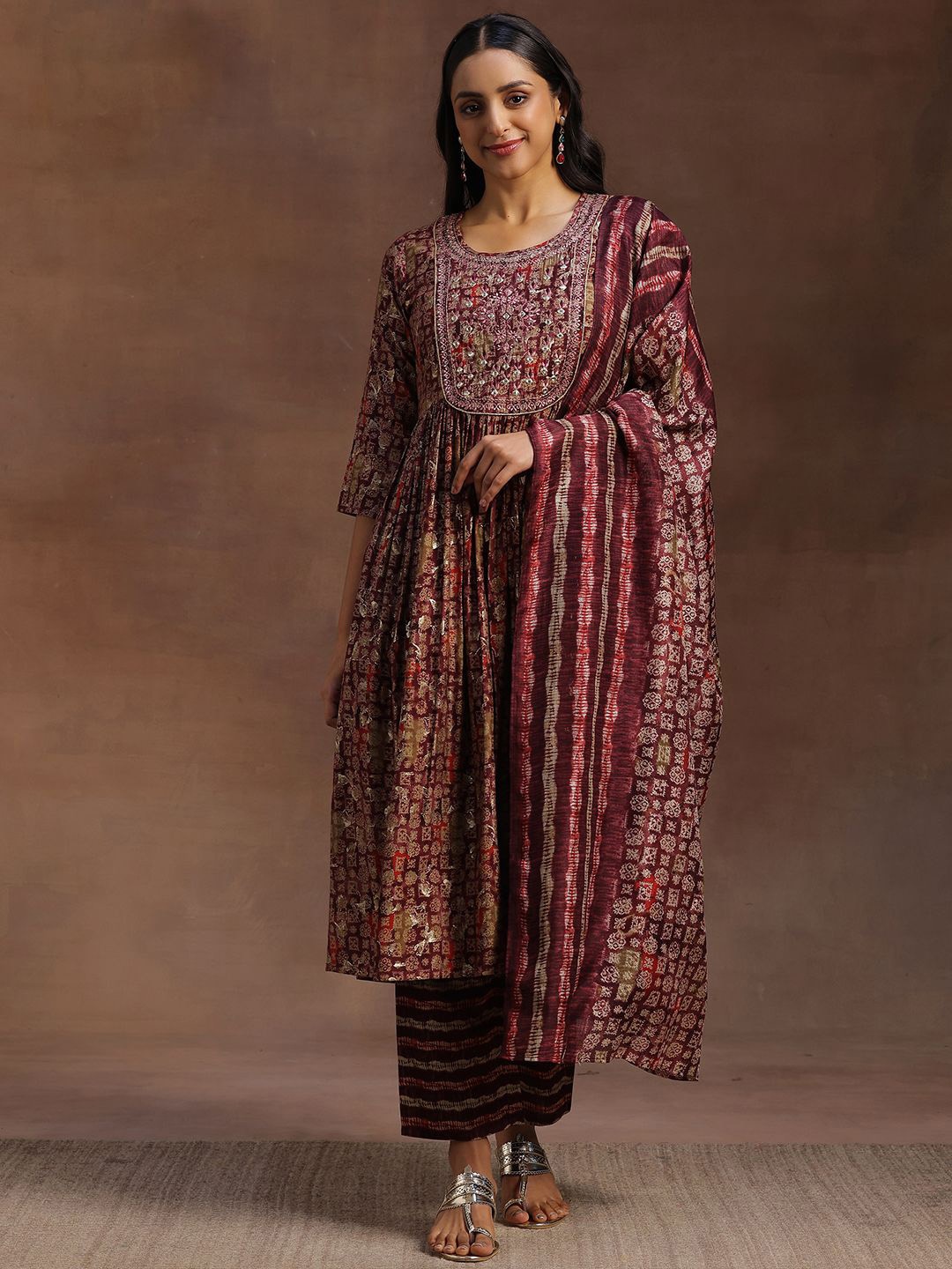 

Libas Floral Printed Mirror Work Pleated Mirror Work A-Line Kurta with Trousers & Dupatta, Burgundy