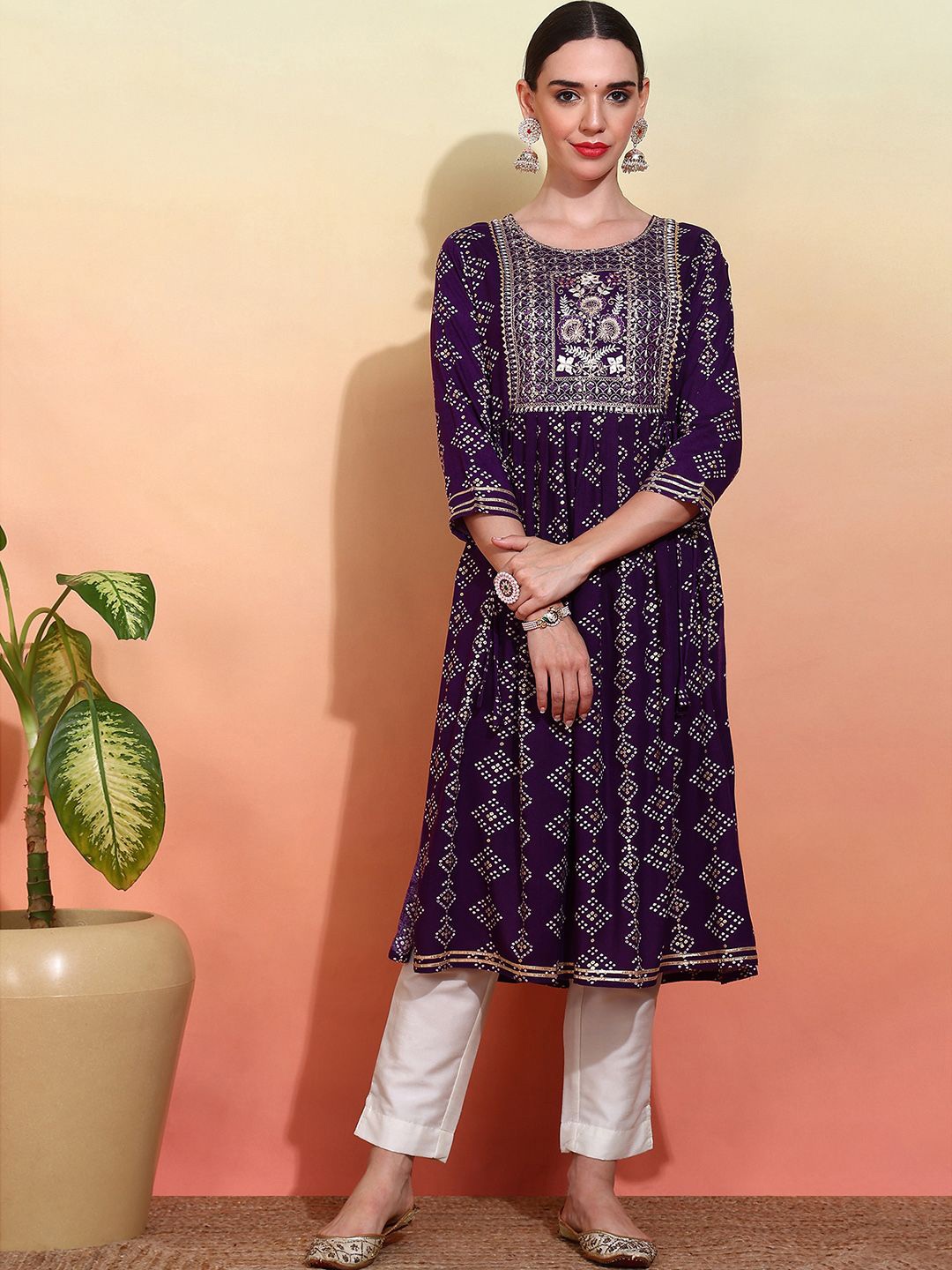 

Ishin Bandhani Printed Round Neck Thread Work A-Line Kurta, Purple