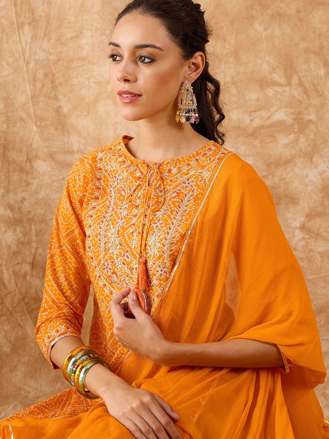 

Indo Era Bandhani Printed Straight Gotta Patti Kurta with Skirt & Dupatta, Orange