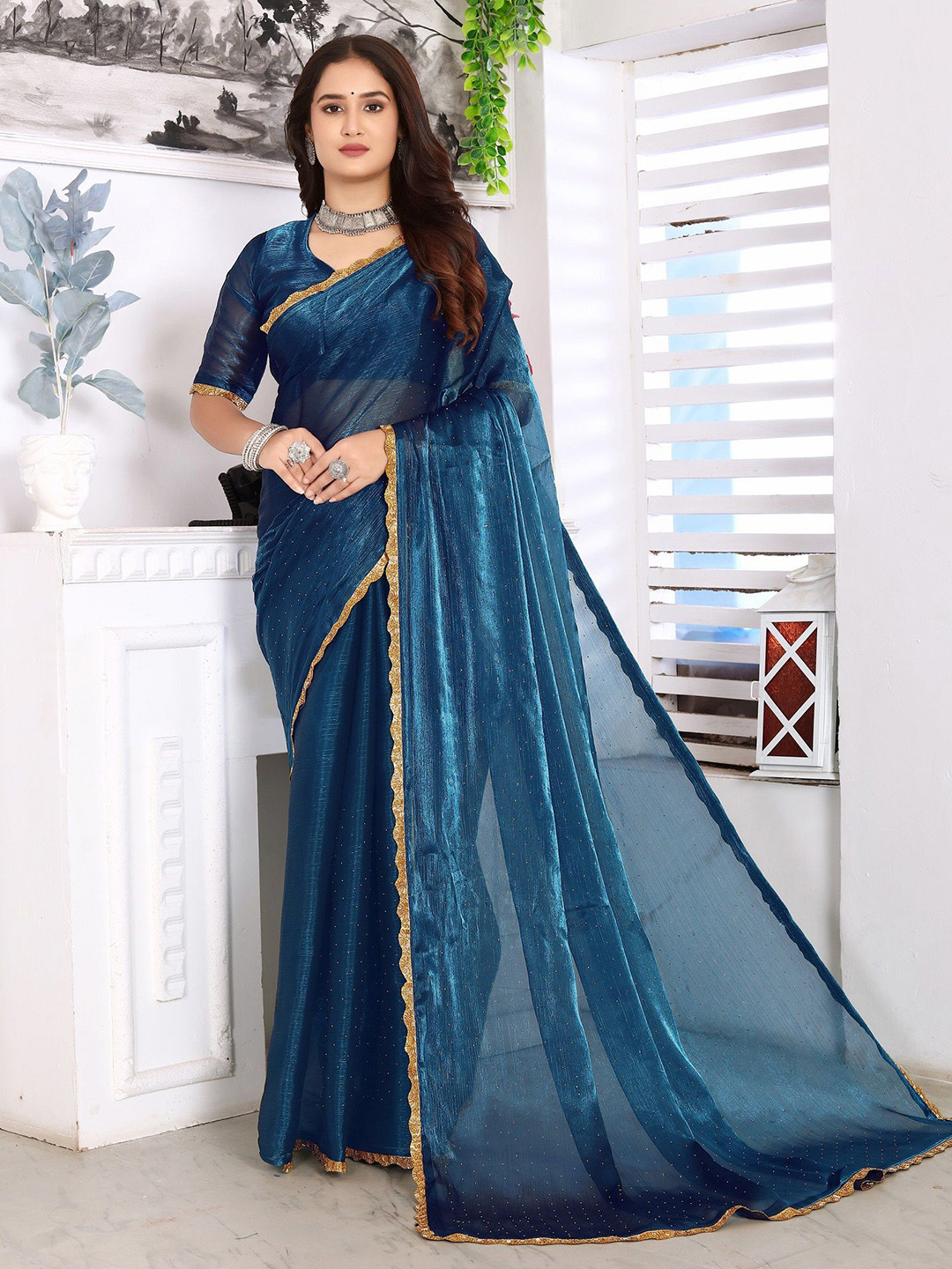 

DHARMEE Embellished Beads and Stones Saree, Teal